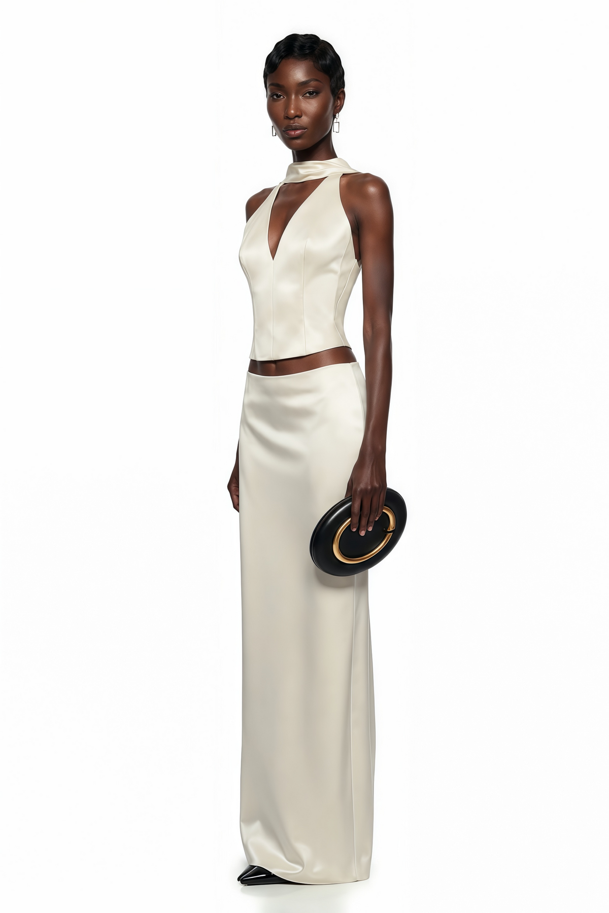 querubina ivory plunge neck satin top & skirt set