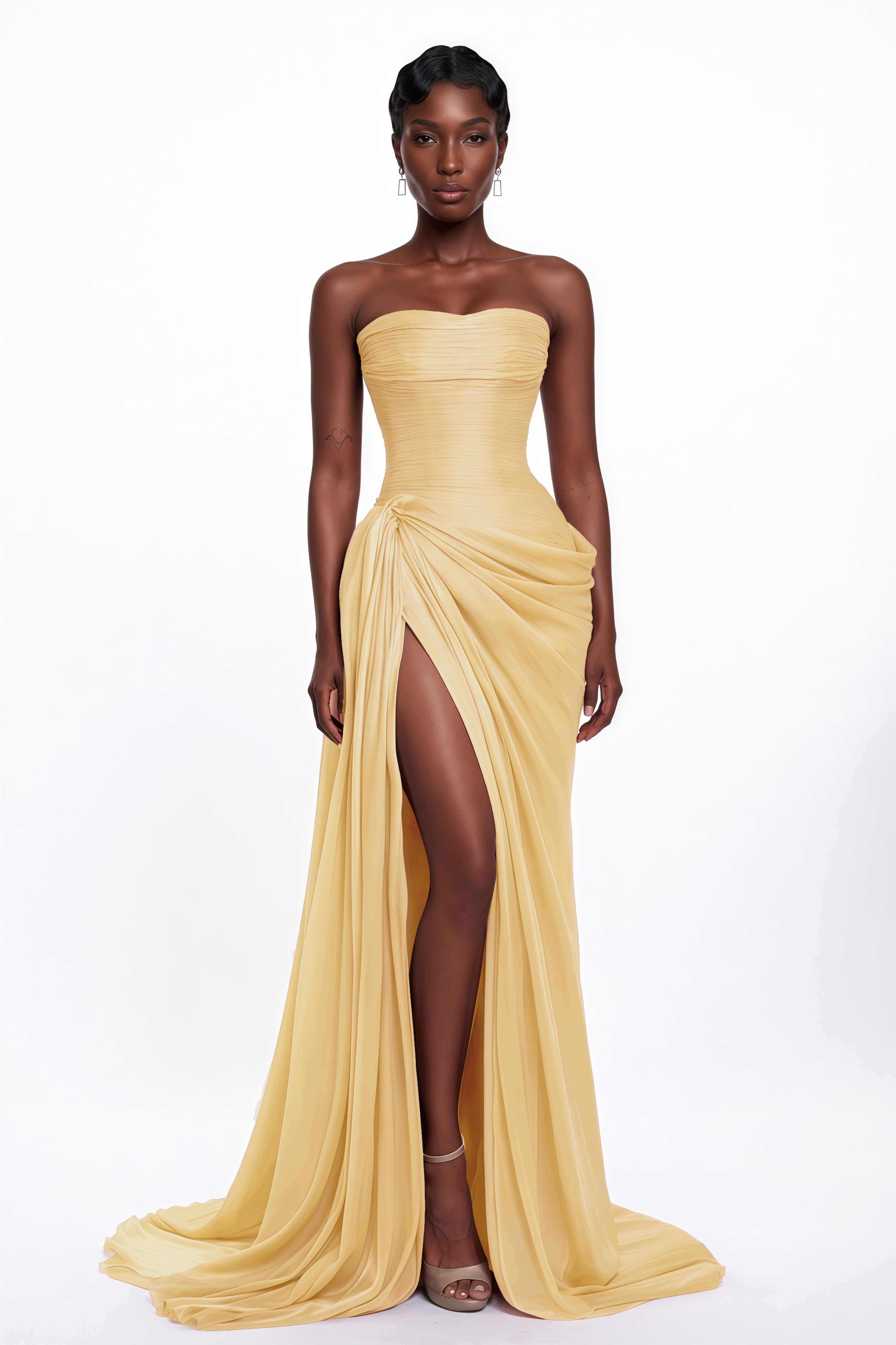 Querubina Yellow Asymmetrical Ruched Maxi Dress
