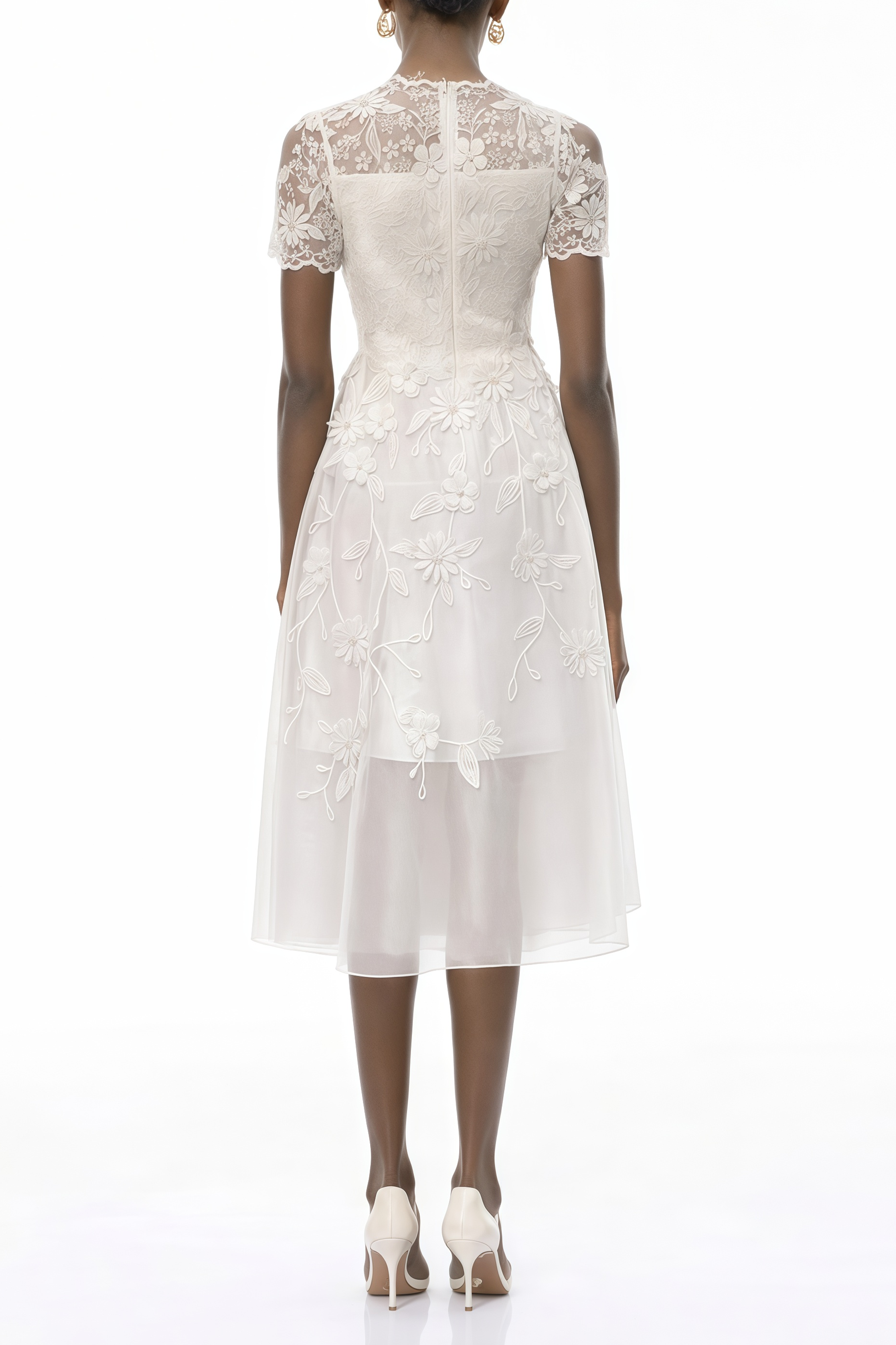 Quetz White Midi Dress with 3D Petals