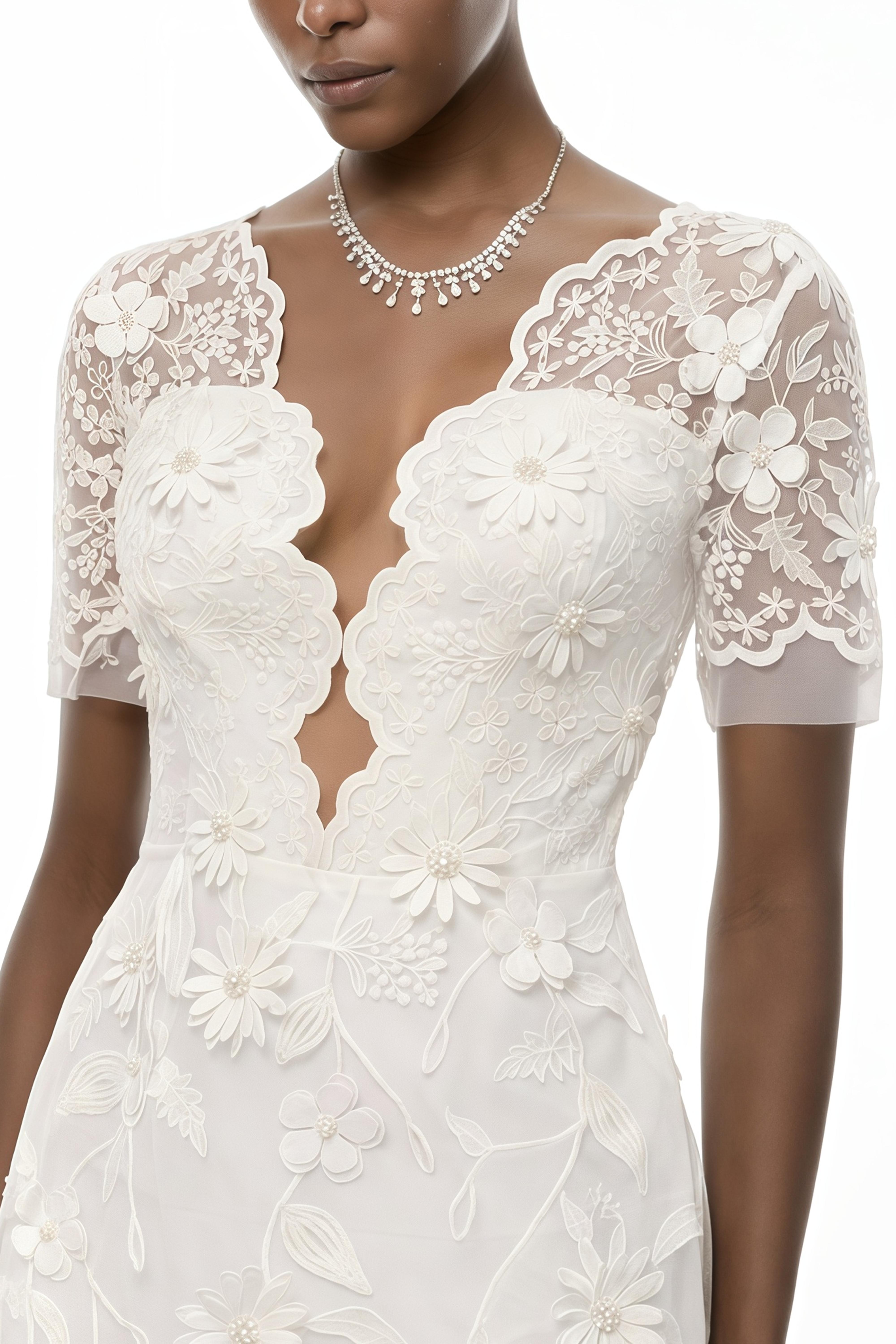Quetz White Midi Dress with 3D Petals (Final Sale-US Only)