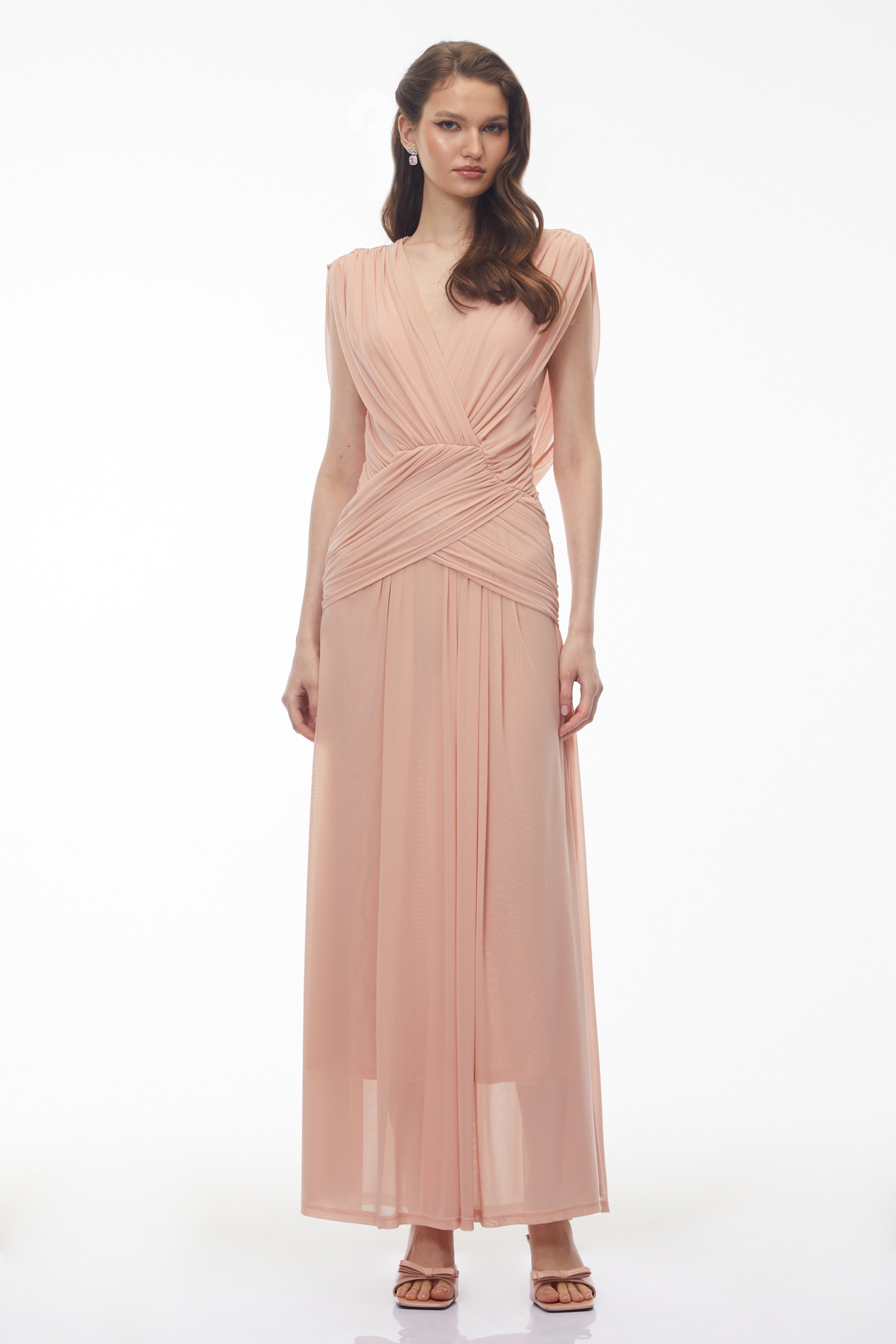 Quiana Blush Pink V-Neck Cross Front Ruched Maxi Dress