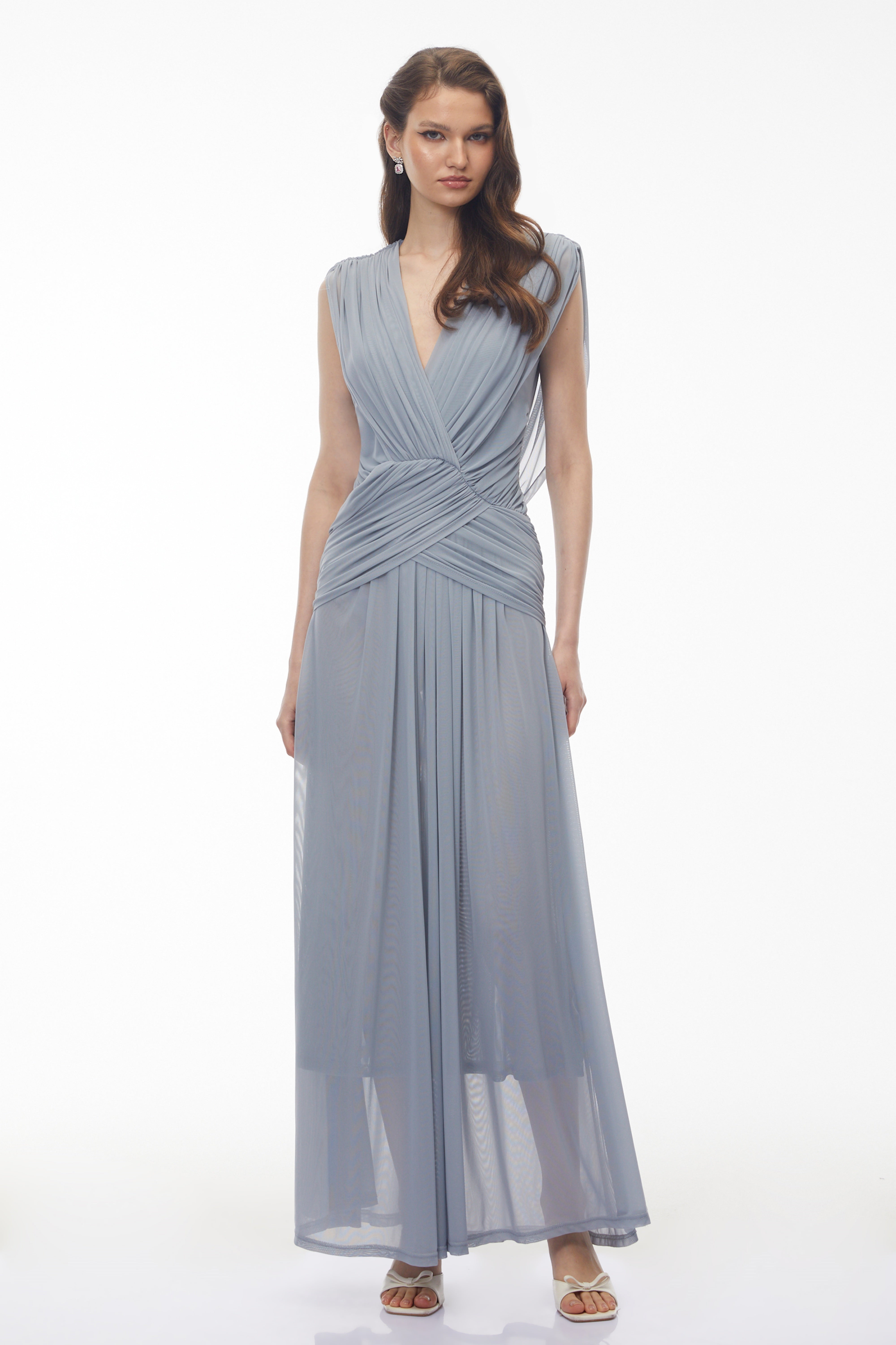 Quiana Slate Blue V-Neck Cross Front Ruched Maxi Dress