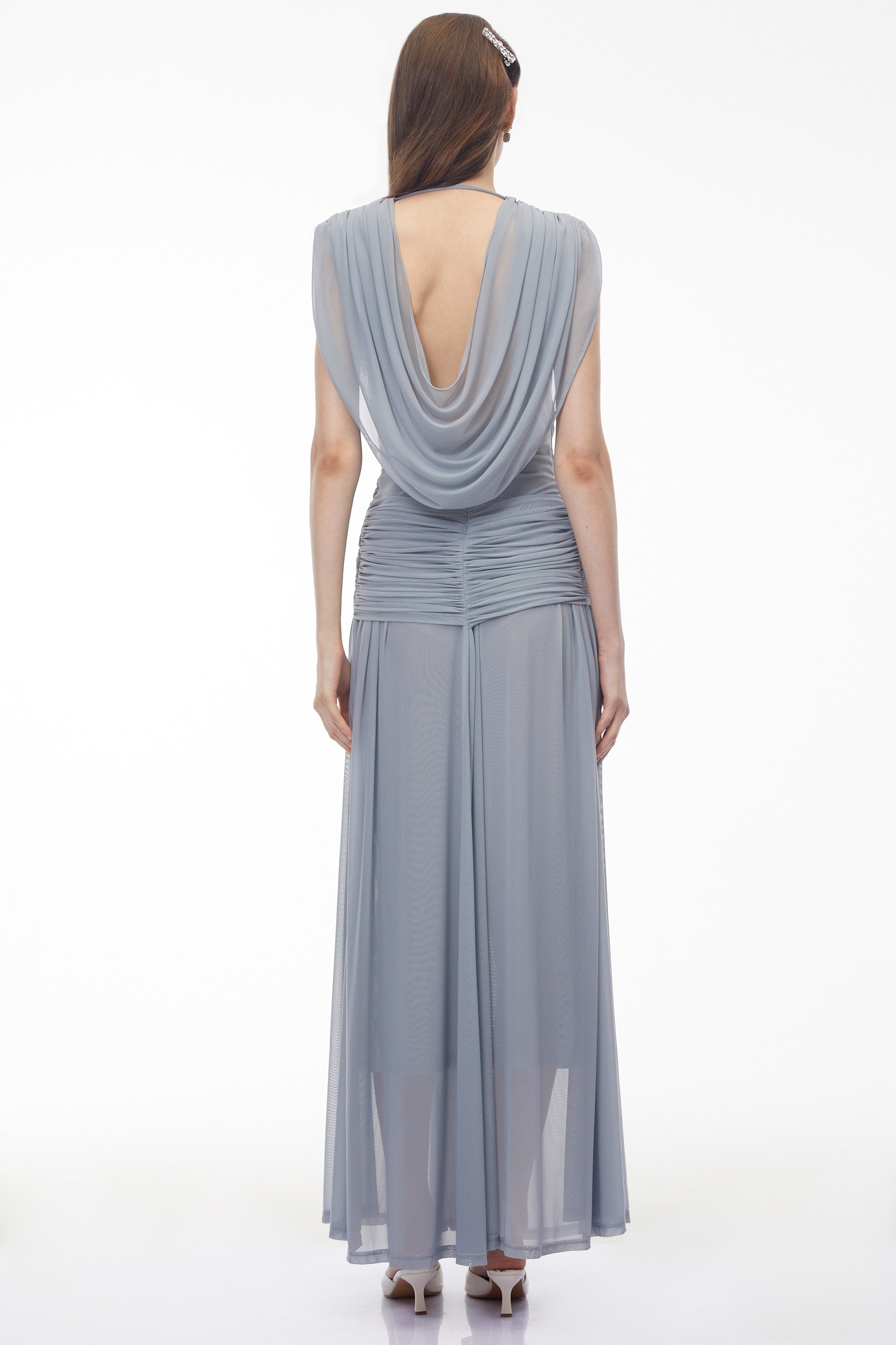Quiana Slate Blue V-Neck Cross Front Ruched Maxi Dress