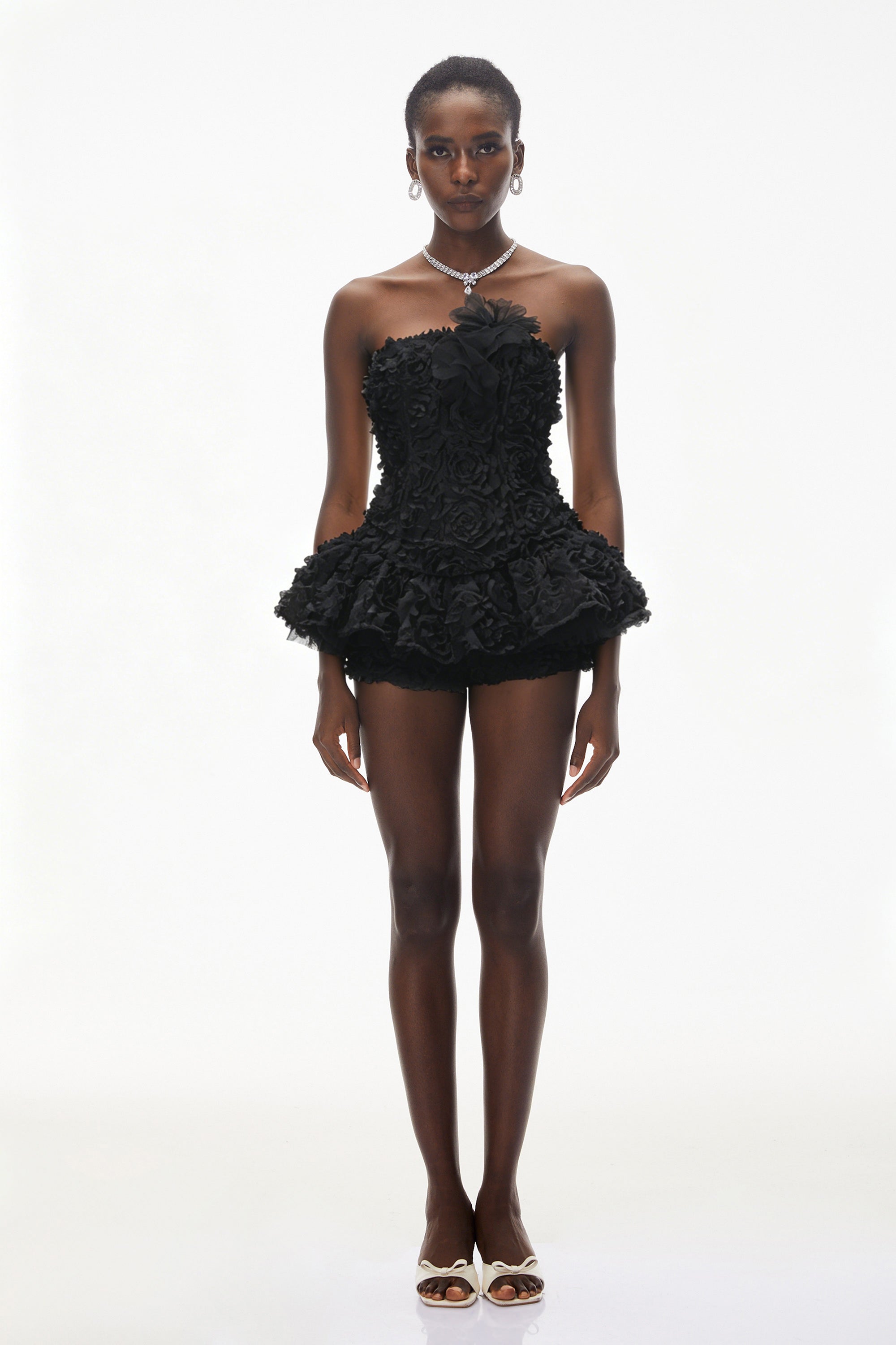 Quilla Black Off Shoulder Mini Dress with 3D Florals