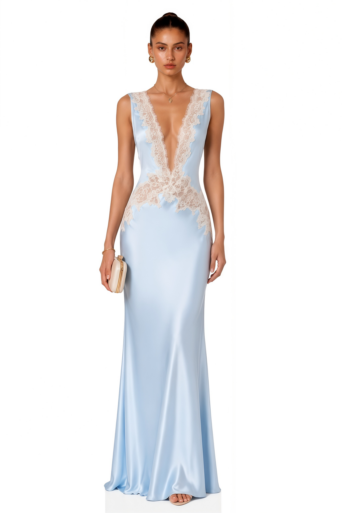 quitterie blue satin lace trim satin maxi dress