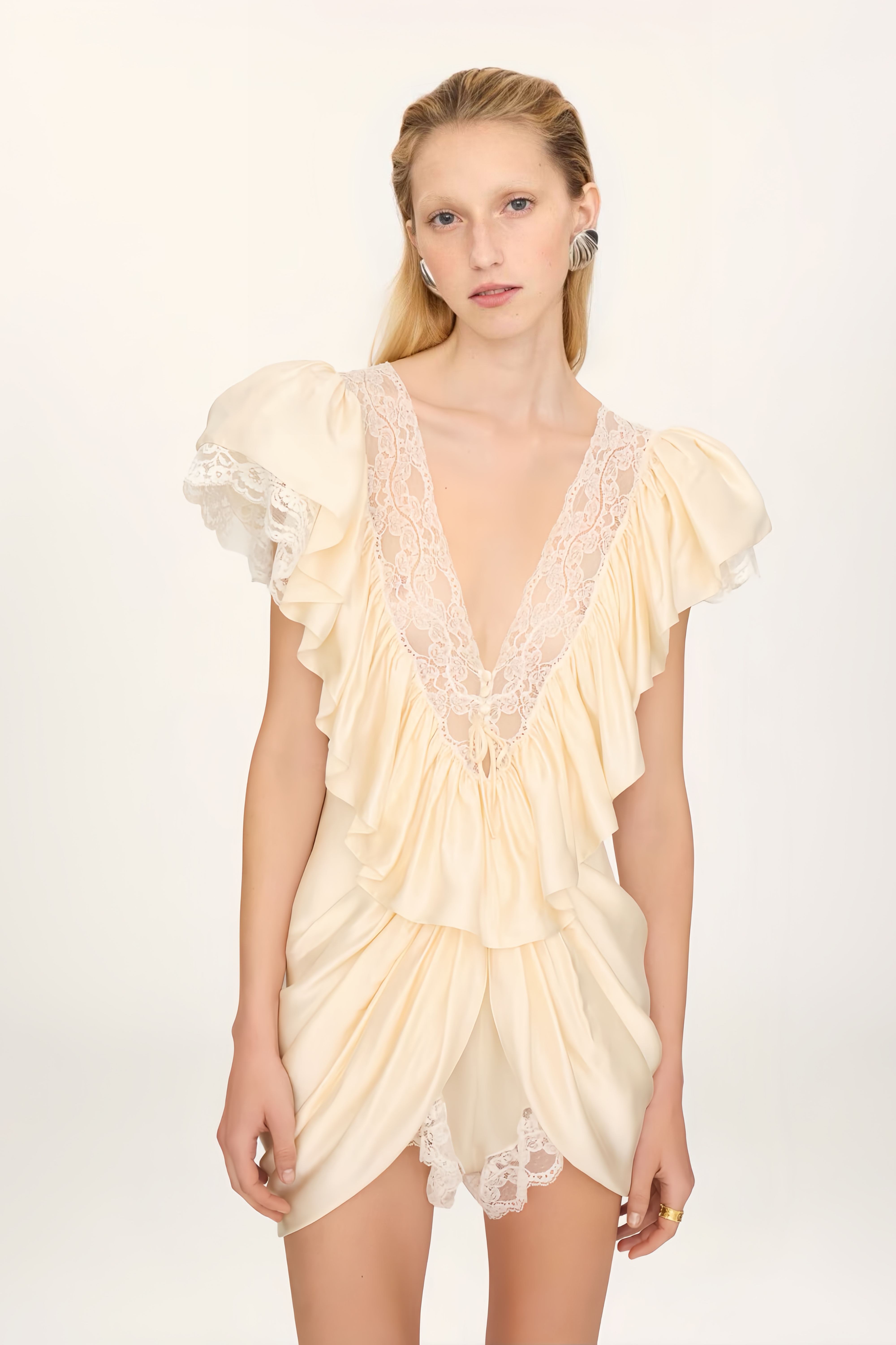 Nani Cream Plunge Neck Satin Jumpsuit with Lace Panels