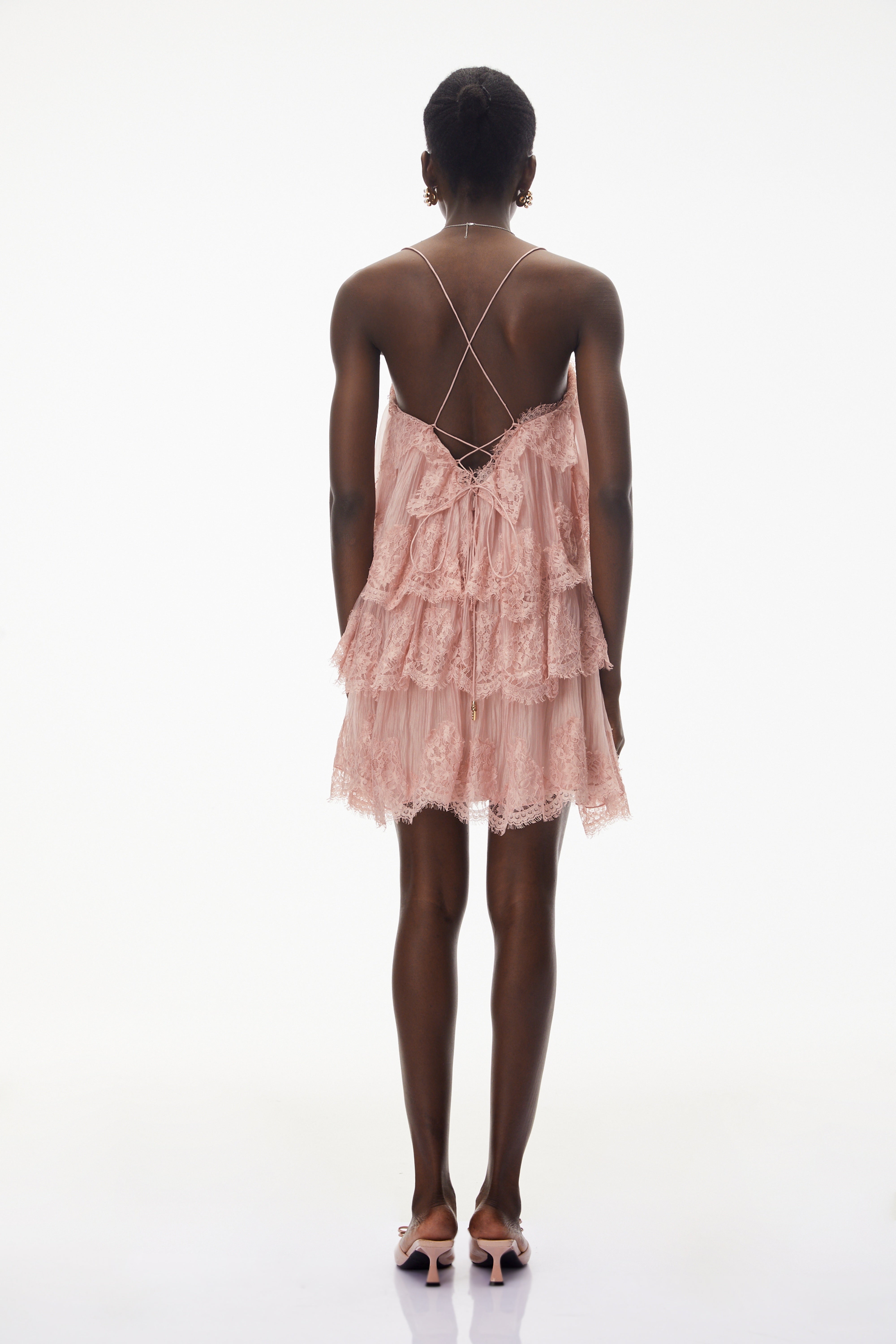 Rachel Pink Tiered Mini Dress with Lace Trim