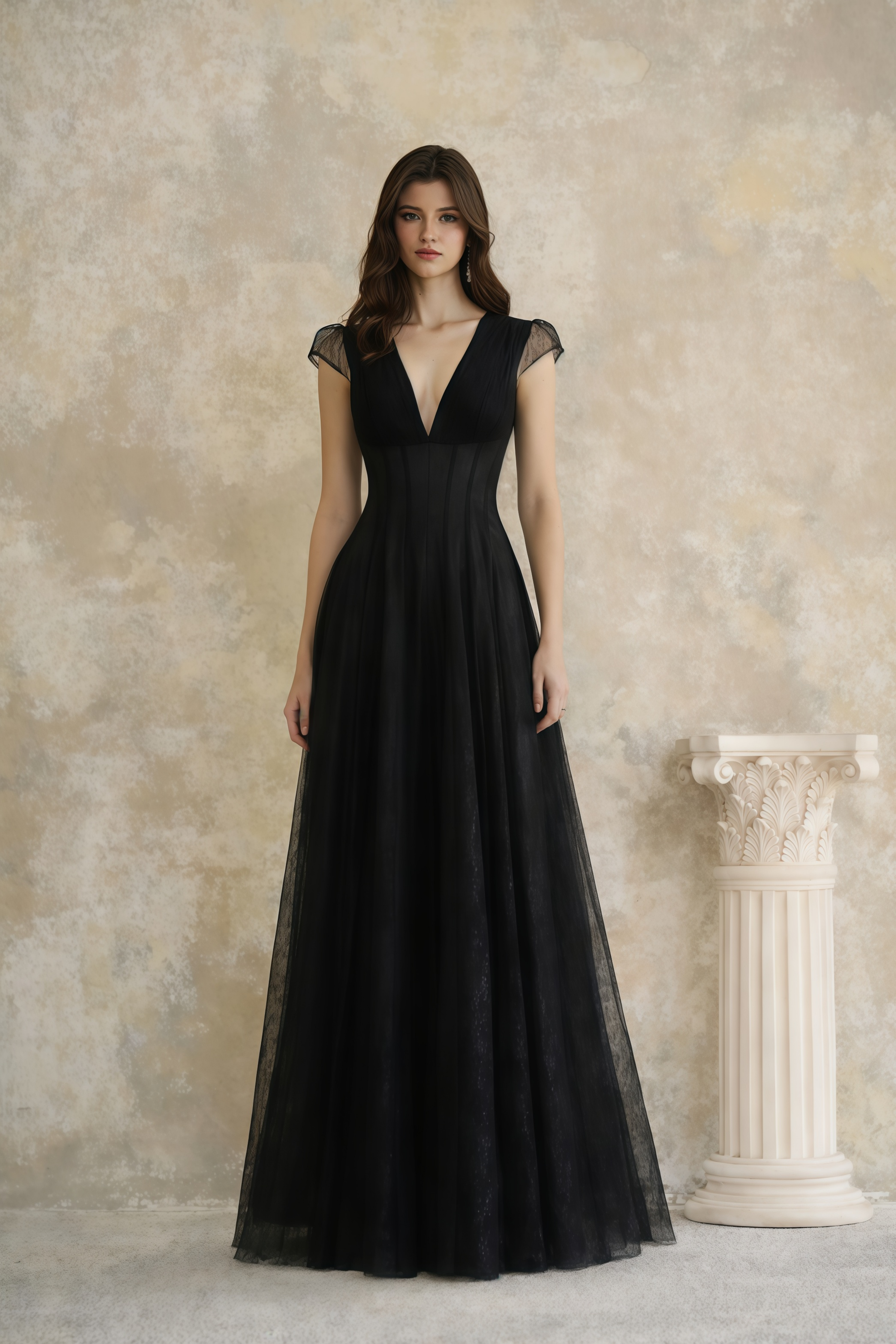 Radiya Black Floral Lace Pleated Maxi Dress