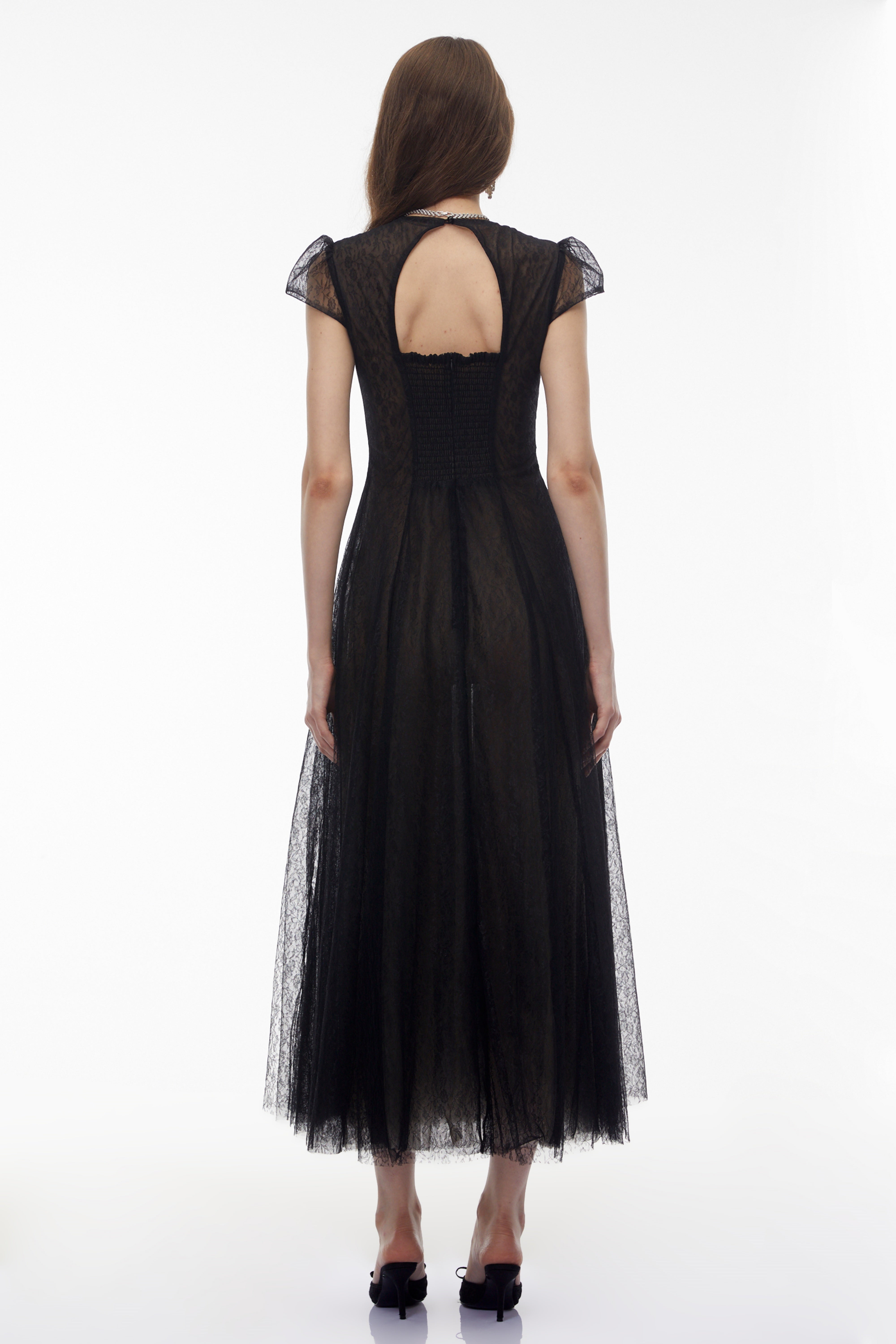 Radiya Black Floral Lace Pleated Maxi Dress