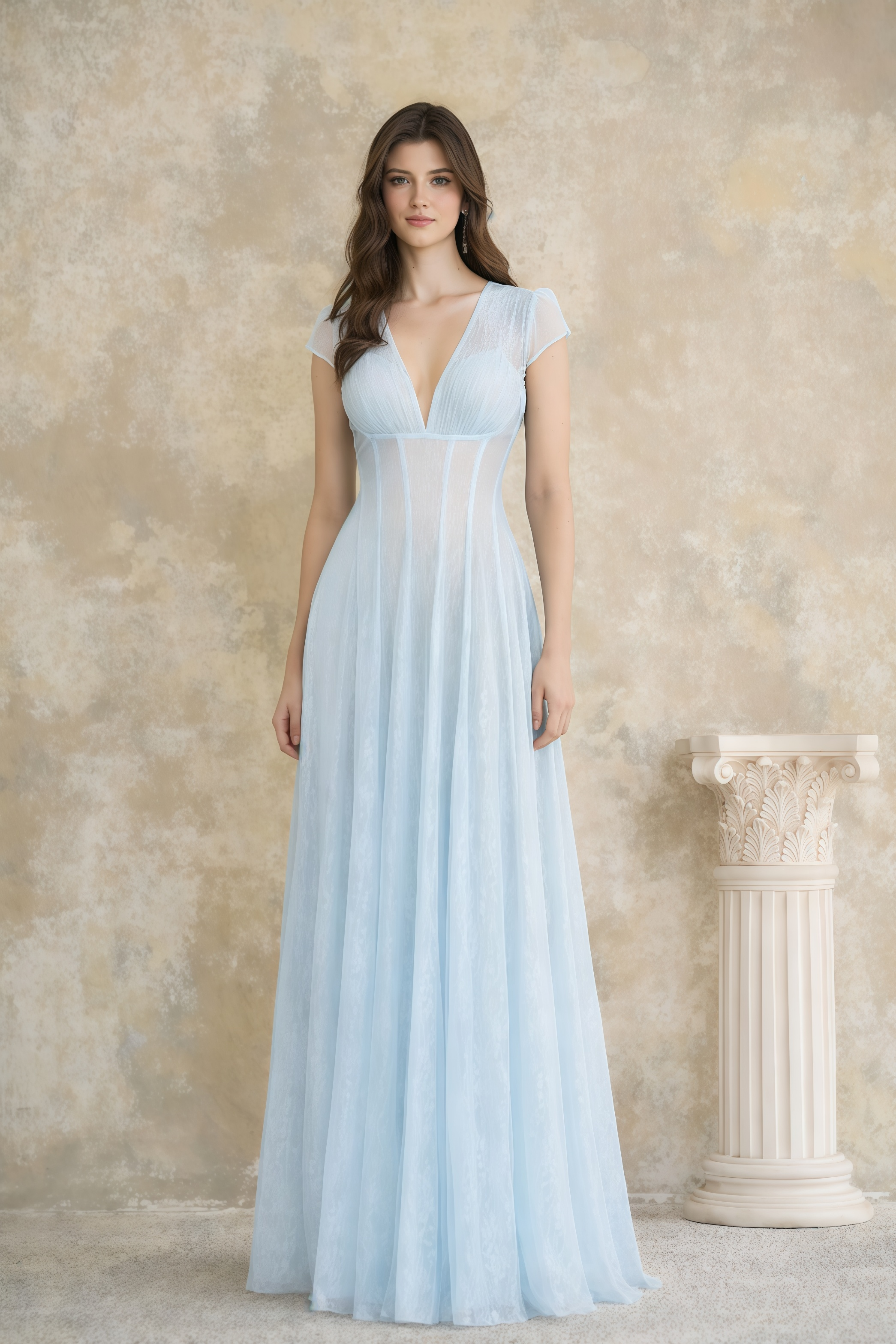 Radiya Blue Floral Lace Pleated Maxi Dress