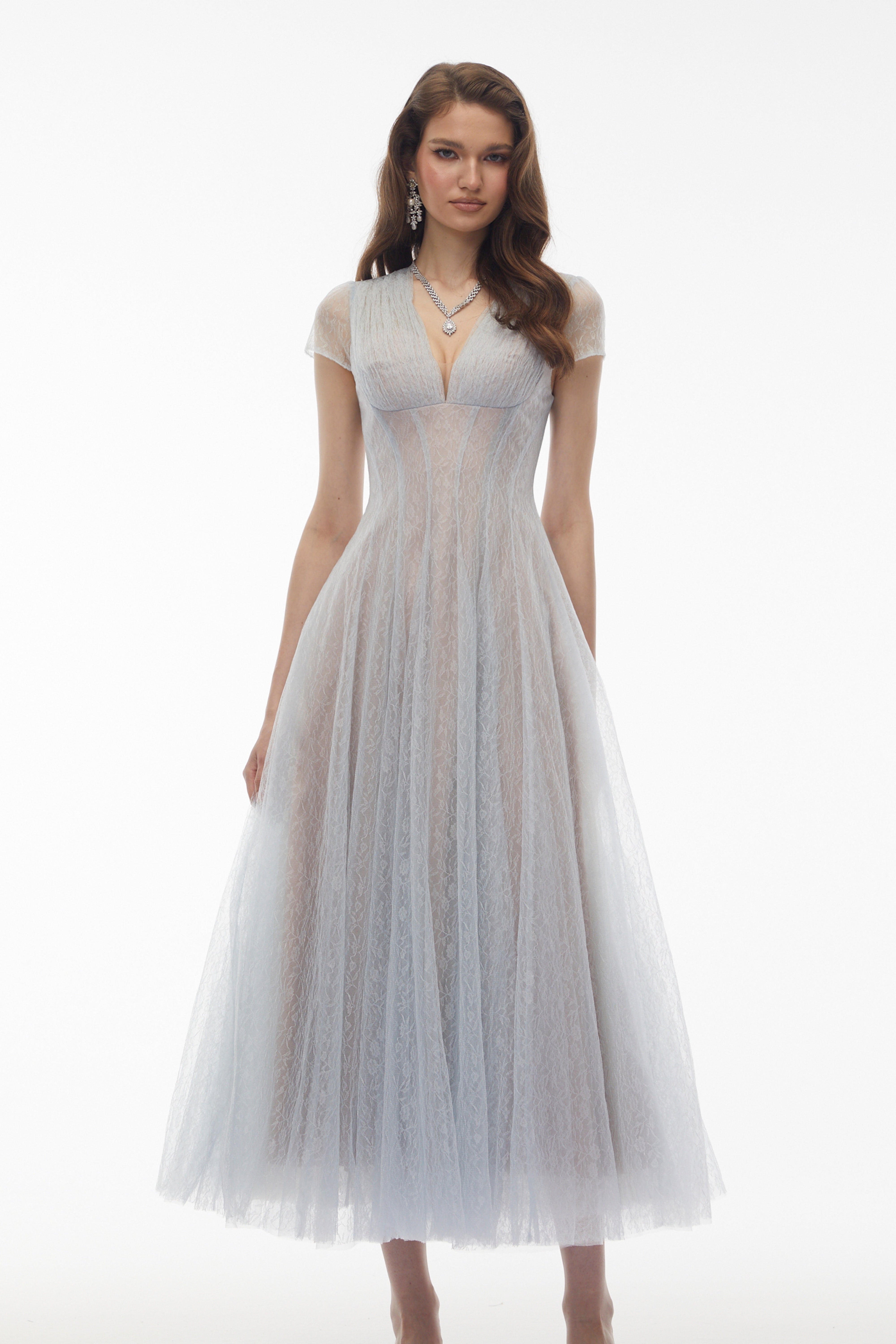 Radiya Blue Floral Lace Pleated Maxi Dress (Final Sale-US Only)