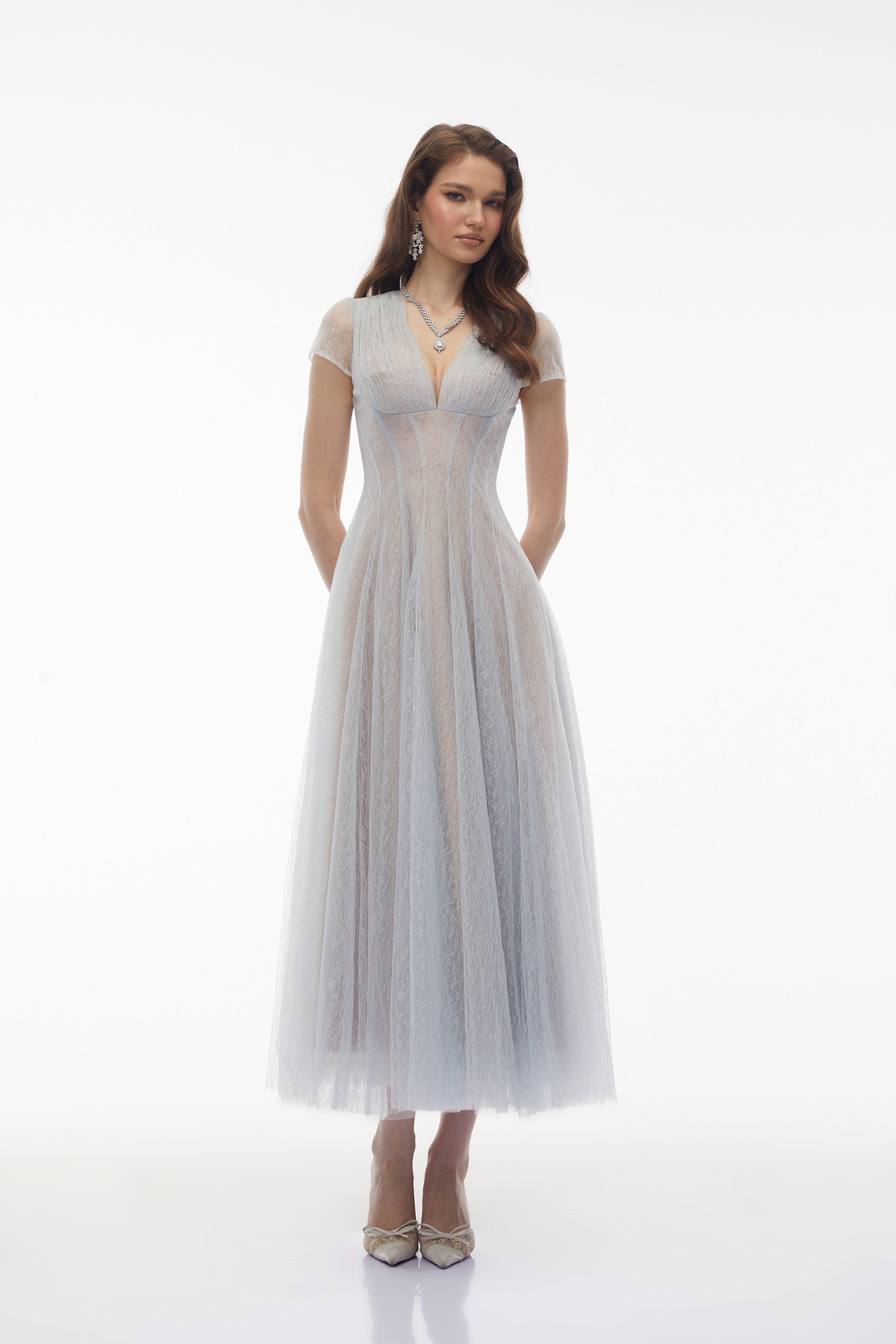 Radiya Blue Floral Lace Pleated Maxi Dress (Final Sale-US Only)