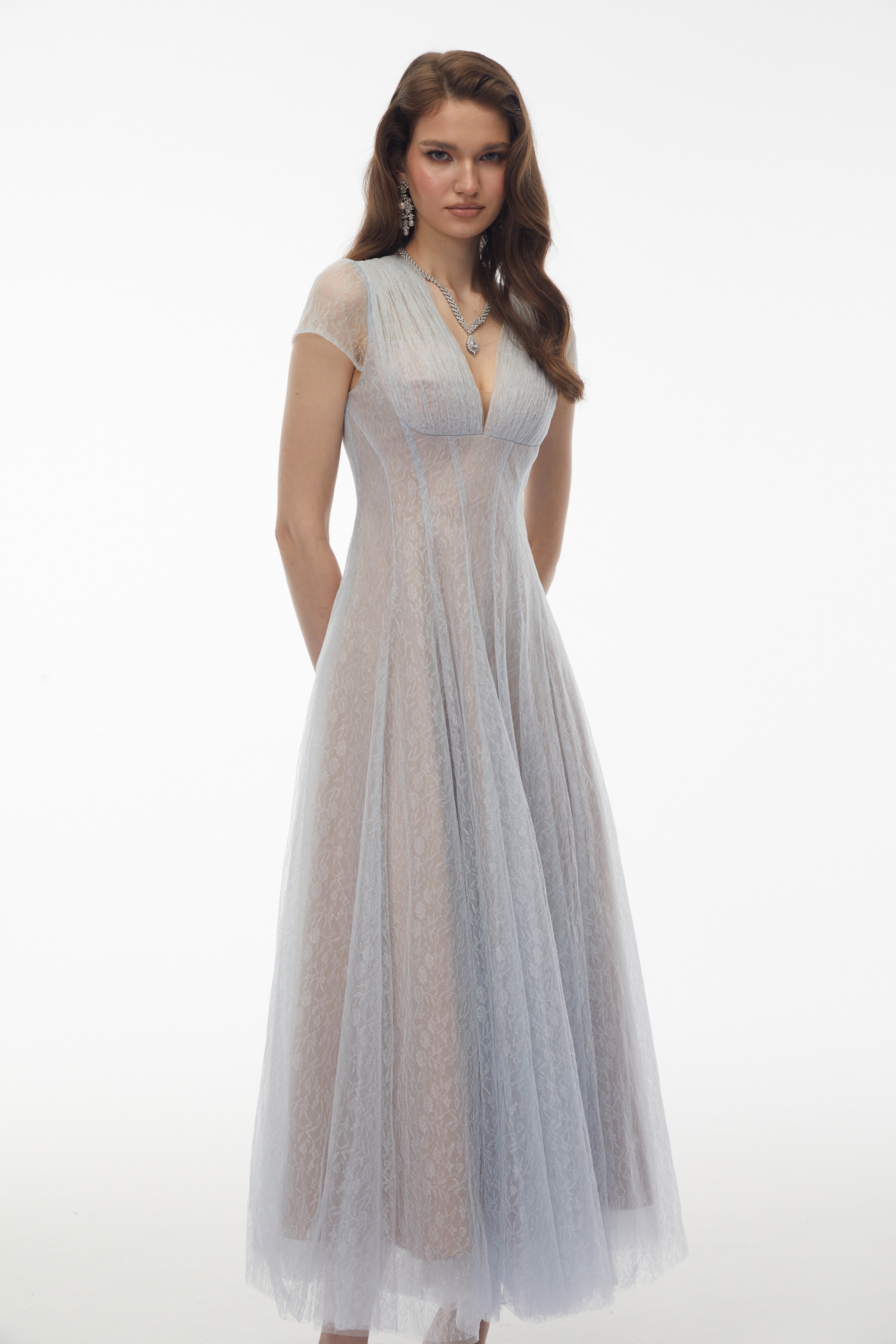 Radiya Blue Floral Lace Pleated Maxi Dress (Final Sale-US Only)