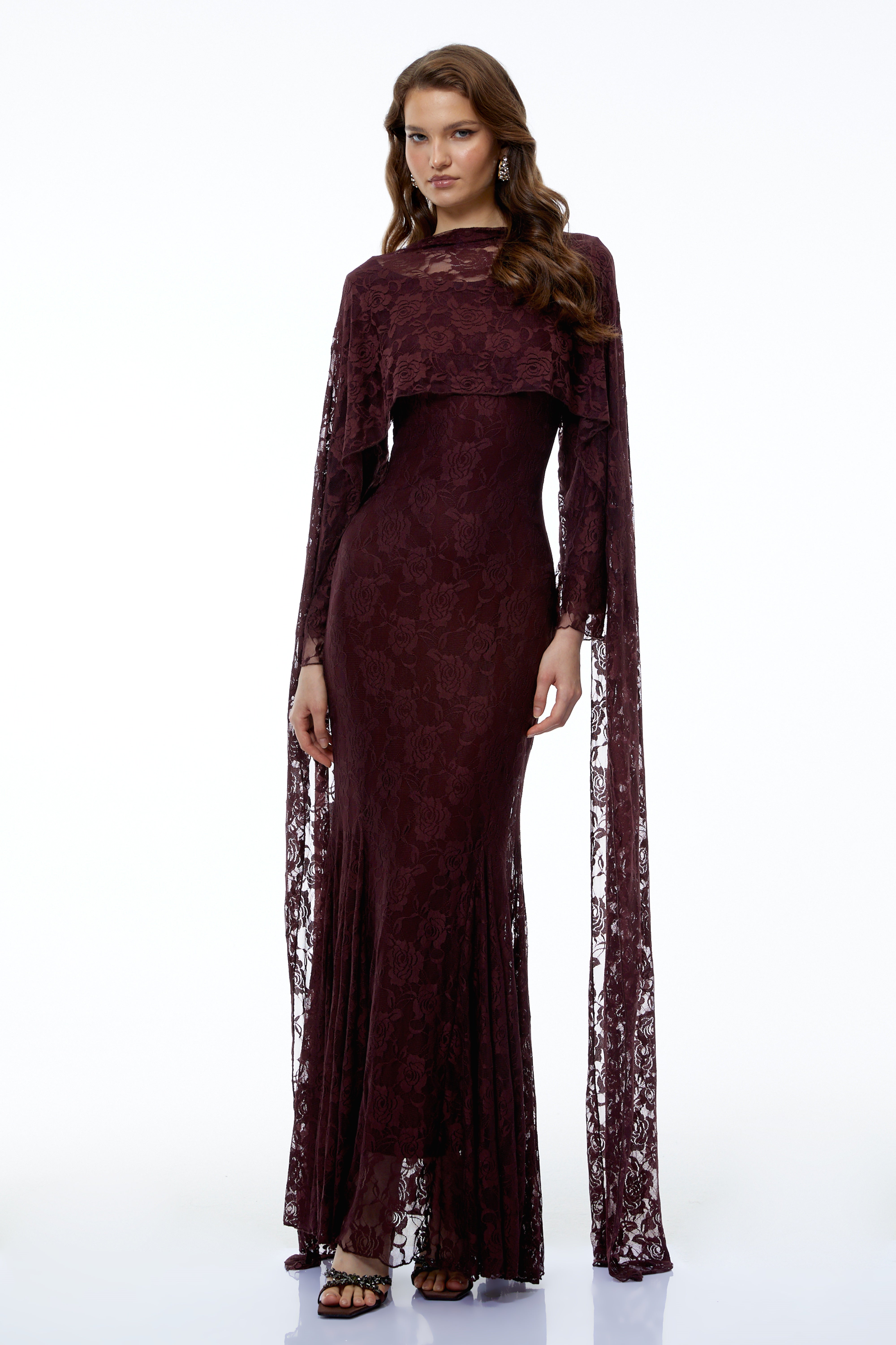 Rafaela Reddish Brown Floral Maxi Dress with Cape