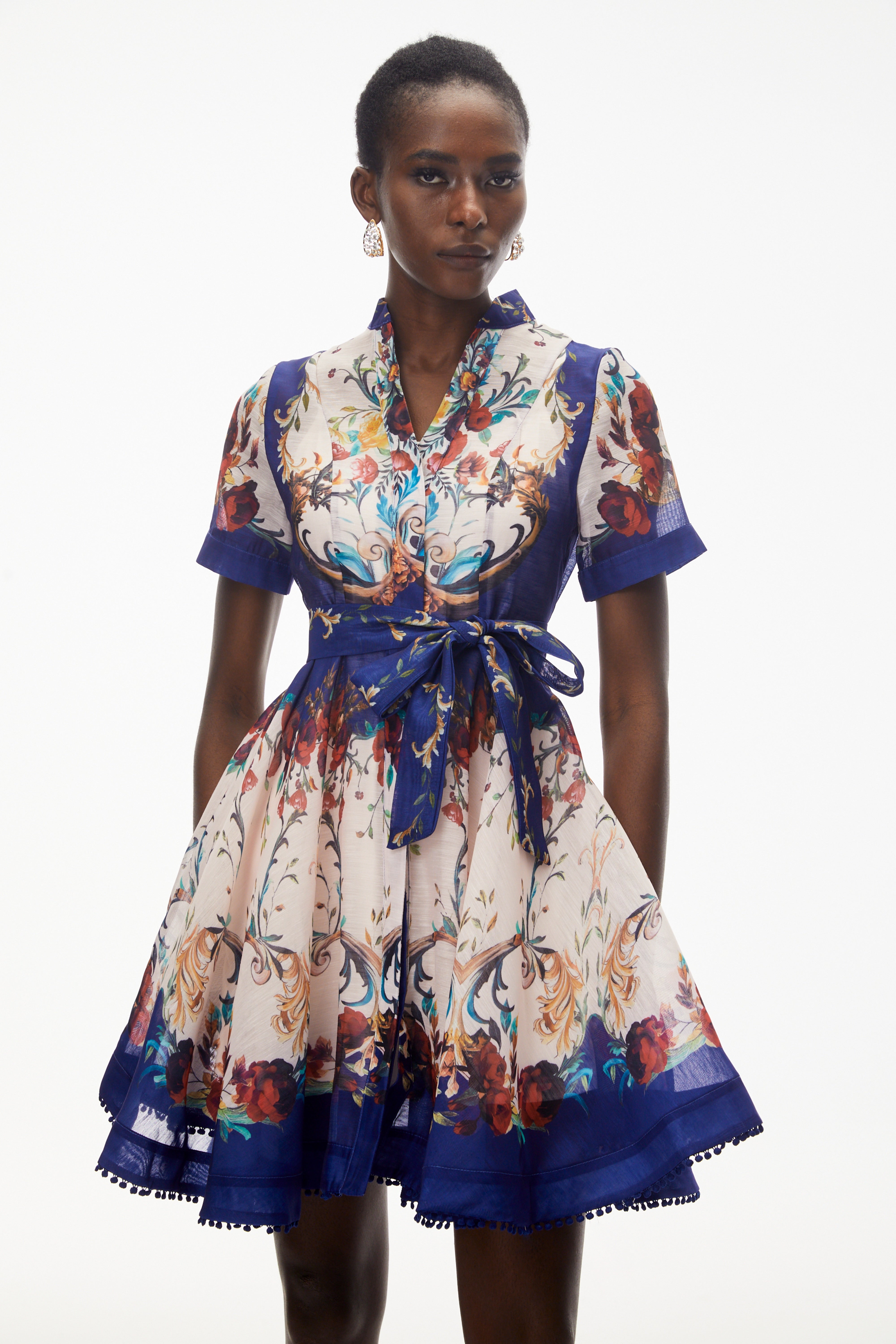 Rahab Blue Color Block Floral Print Mini Dress