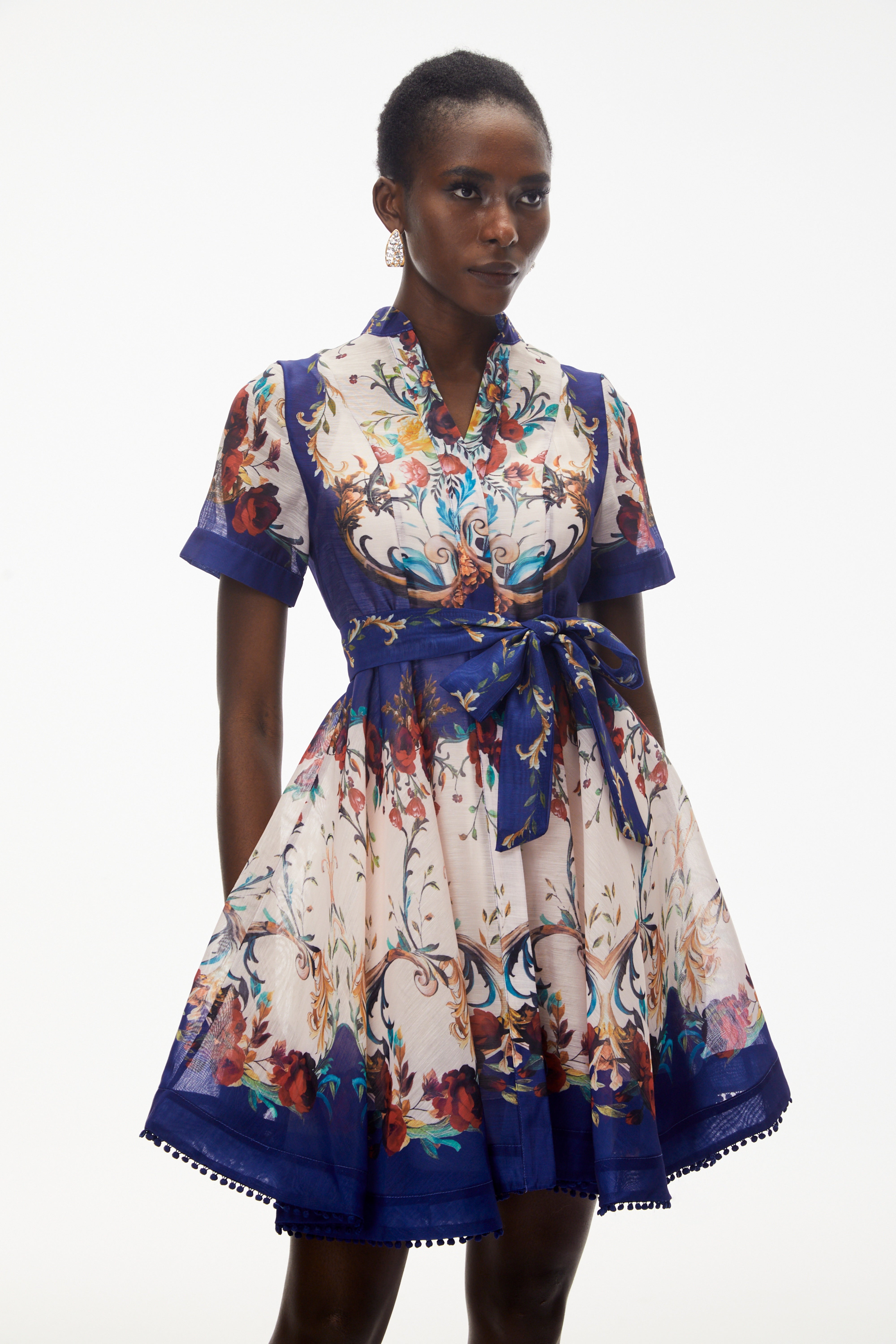 Rahab Blue Color Block Floral Print Mini Dress