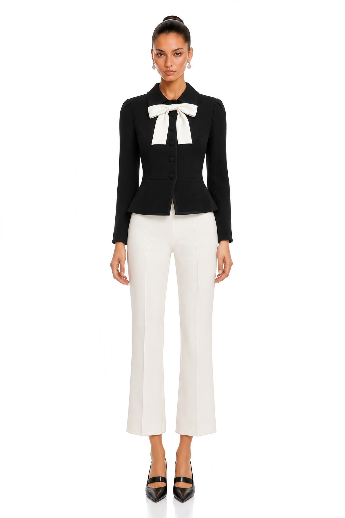raina black contrast bow collar cropped blazer