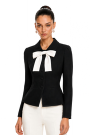 Raina Black Contrast Bow Collar Cropped Blazer