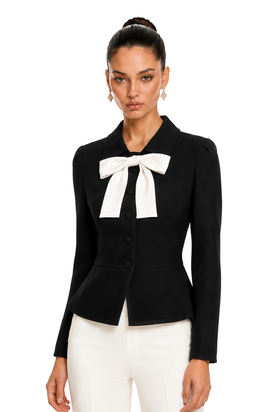 raina black contrast bow collar cropped blazer