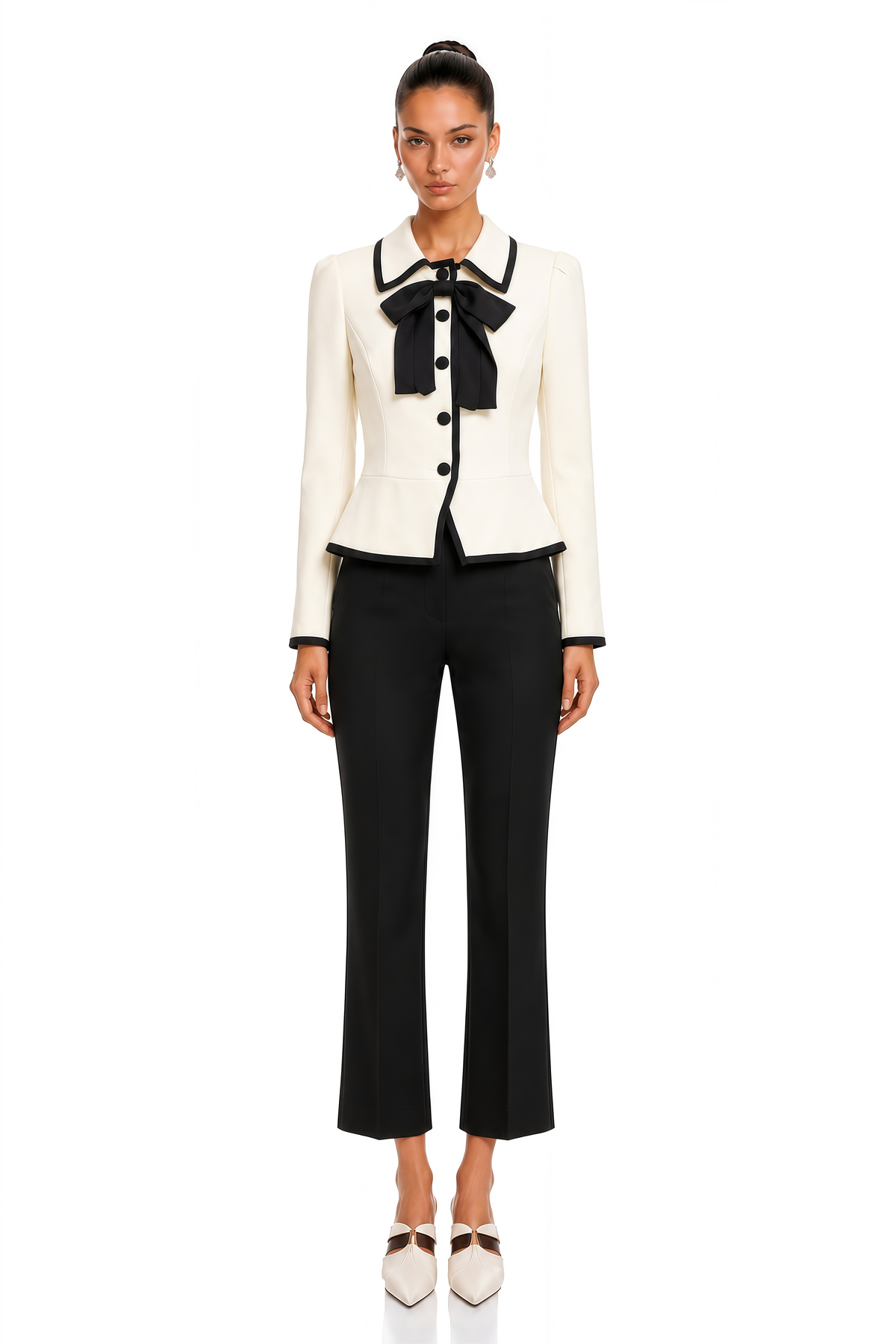 raina ivory contrast bow collar cropped blazer