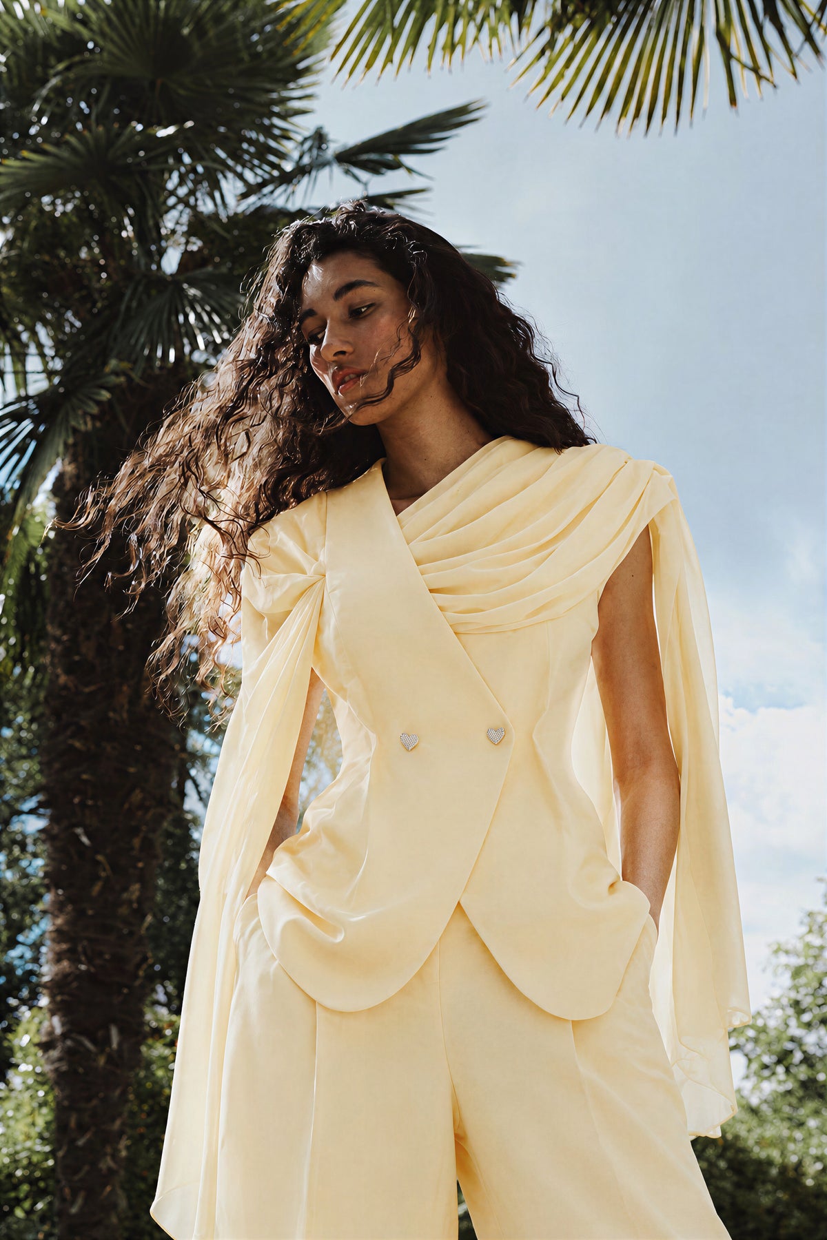 raisa yellow draped cape top & trousers set
