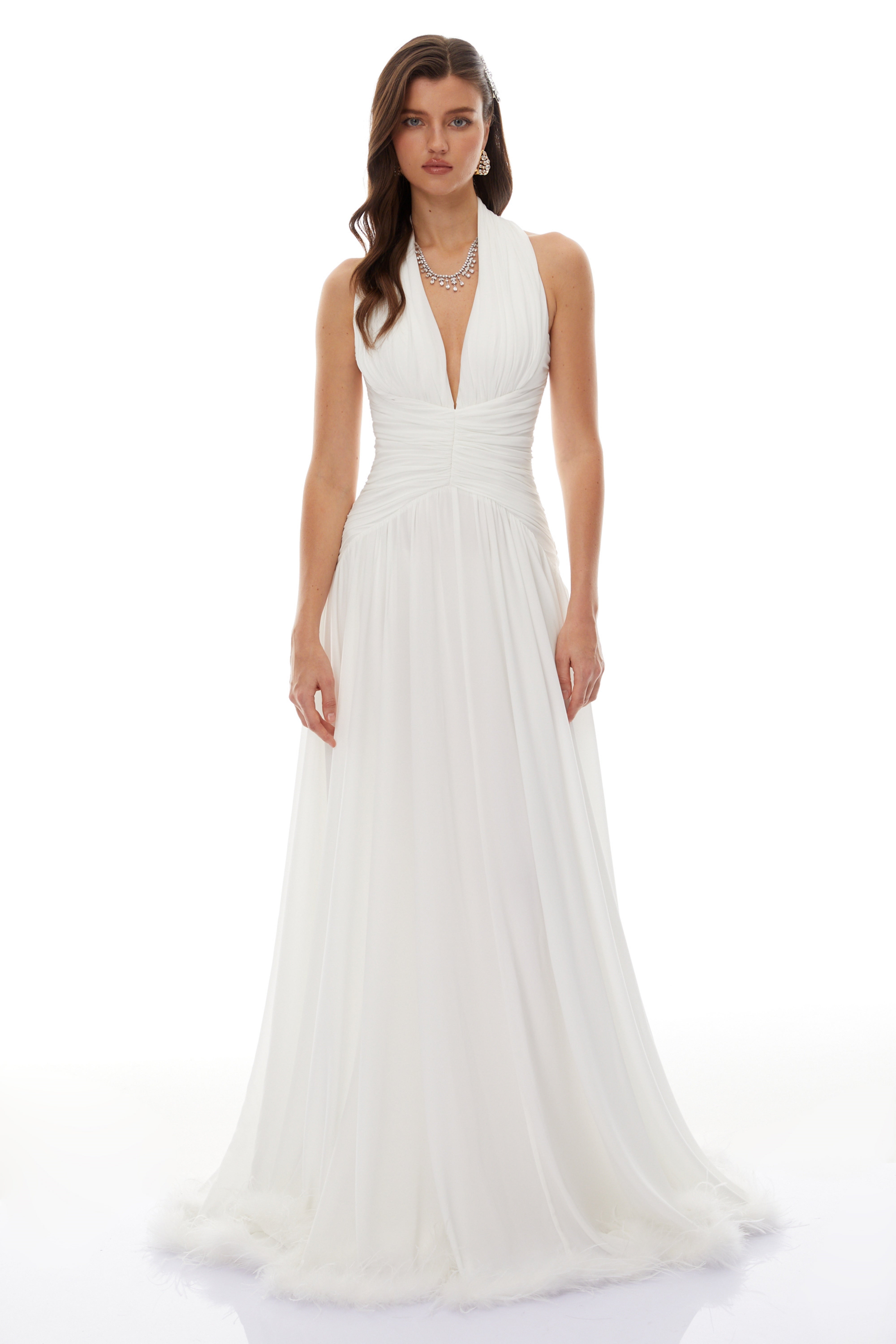 Ramona White Feather Hem Gathered Maxi Dress (Final Sale-US Only)