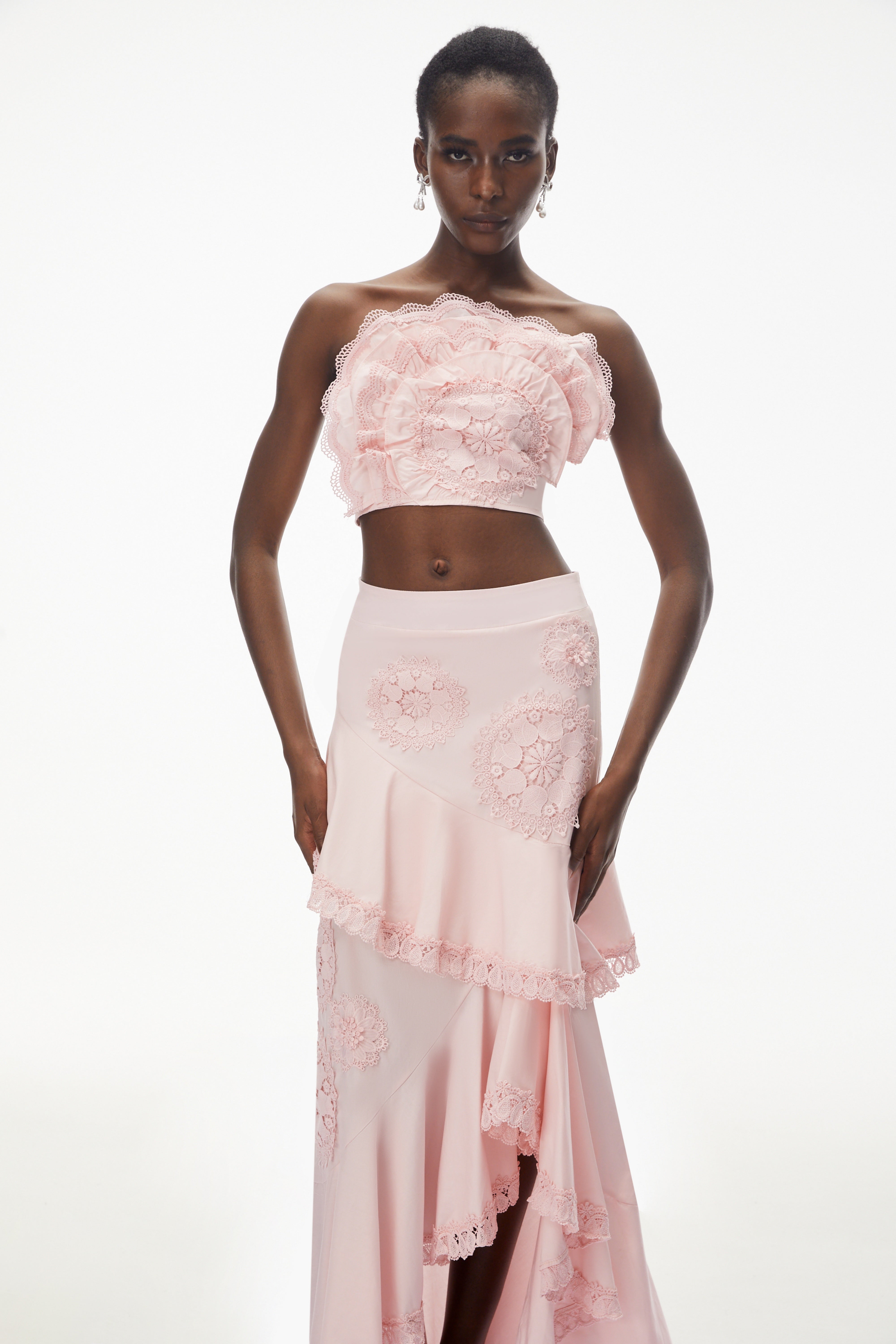 Rayhana Pink Ruffled Top & Floral Fishtail Skirt Set
