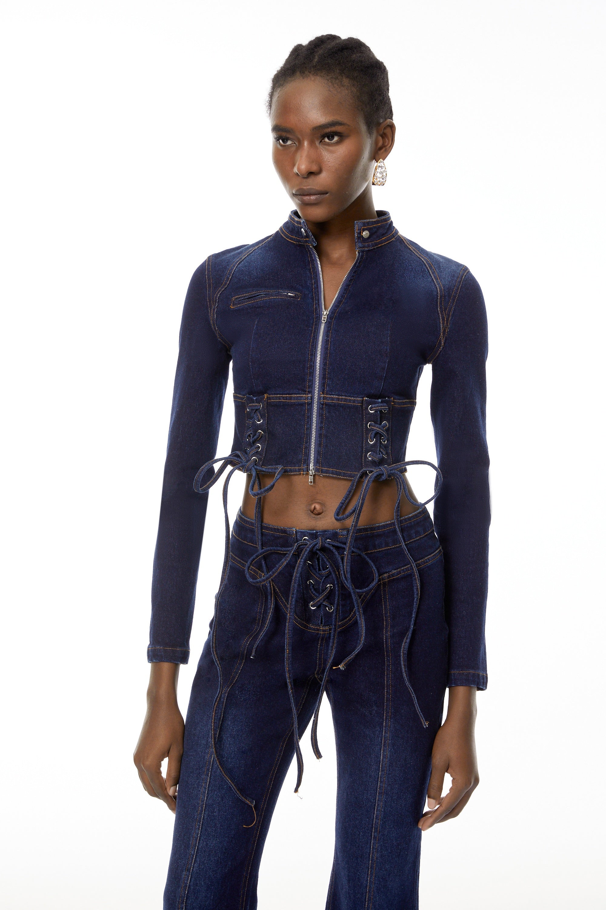 Kiona Indigo Blue Denim Lace-Up Co-ord Set (Final Sale-US Only)