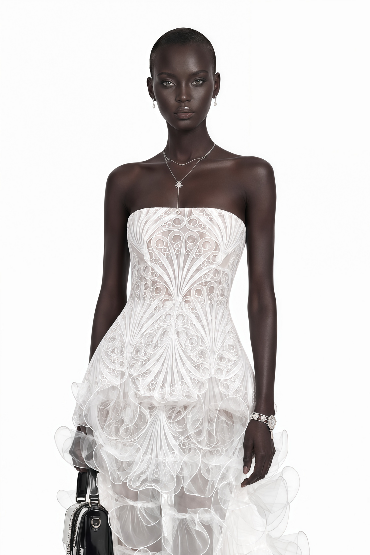 rehmat white strapless lace top & ruffle maxi skirt set