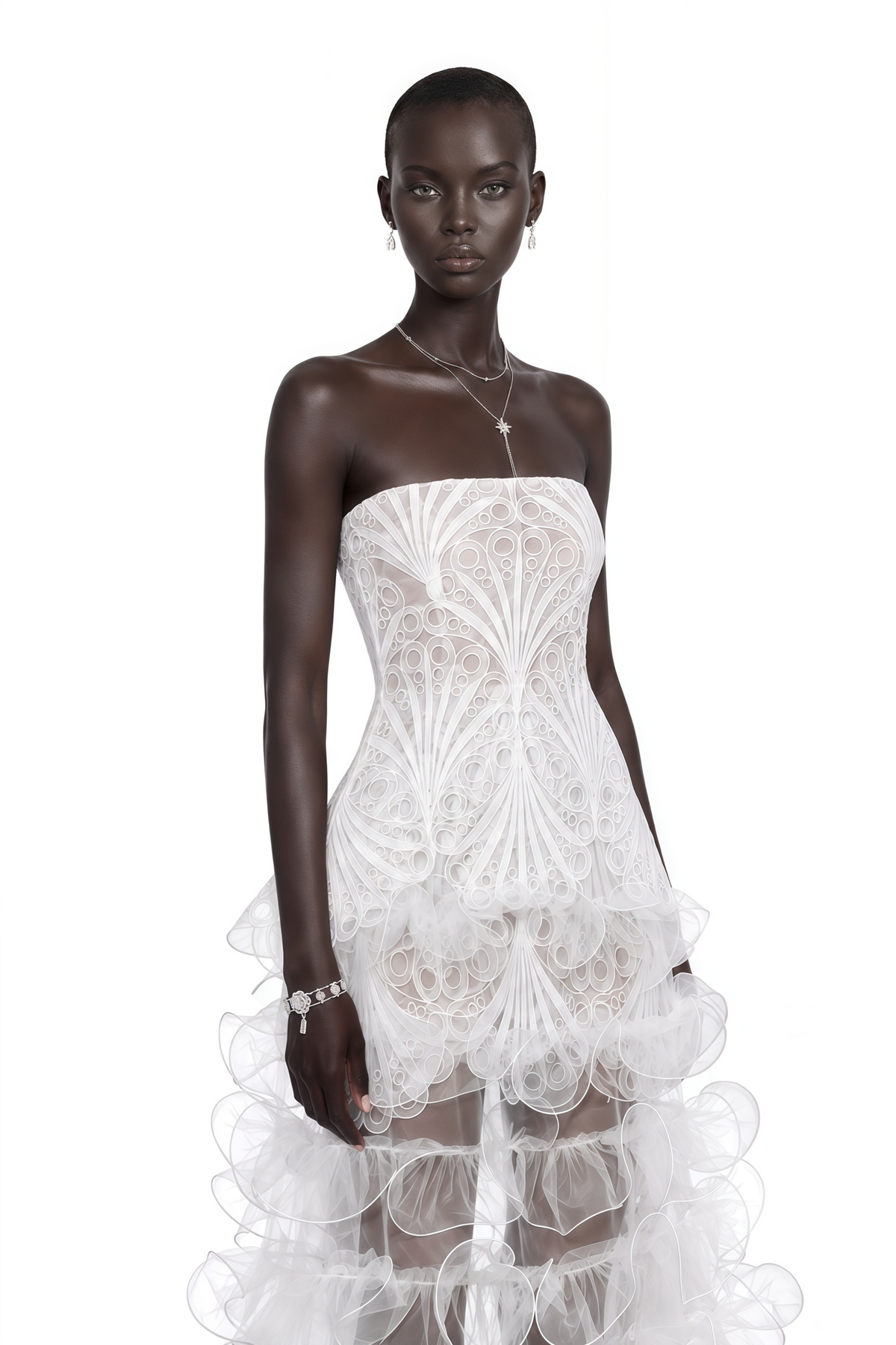 rehmat white strapless lace top & ruffle maxi skirt set