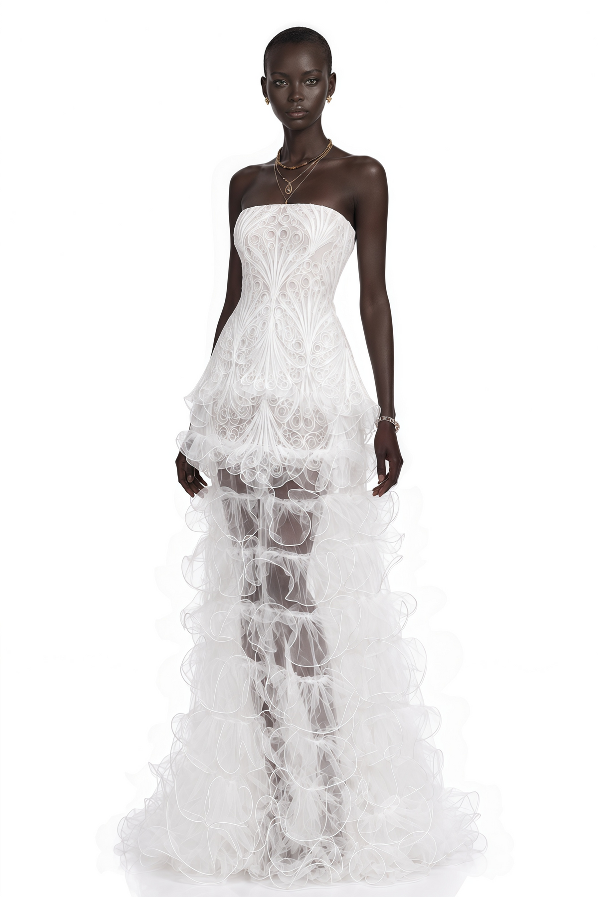 rehmat white strapless lace top & ruffle maxi skirt set