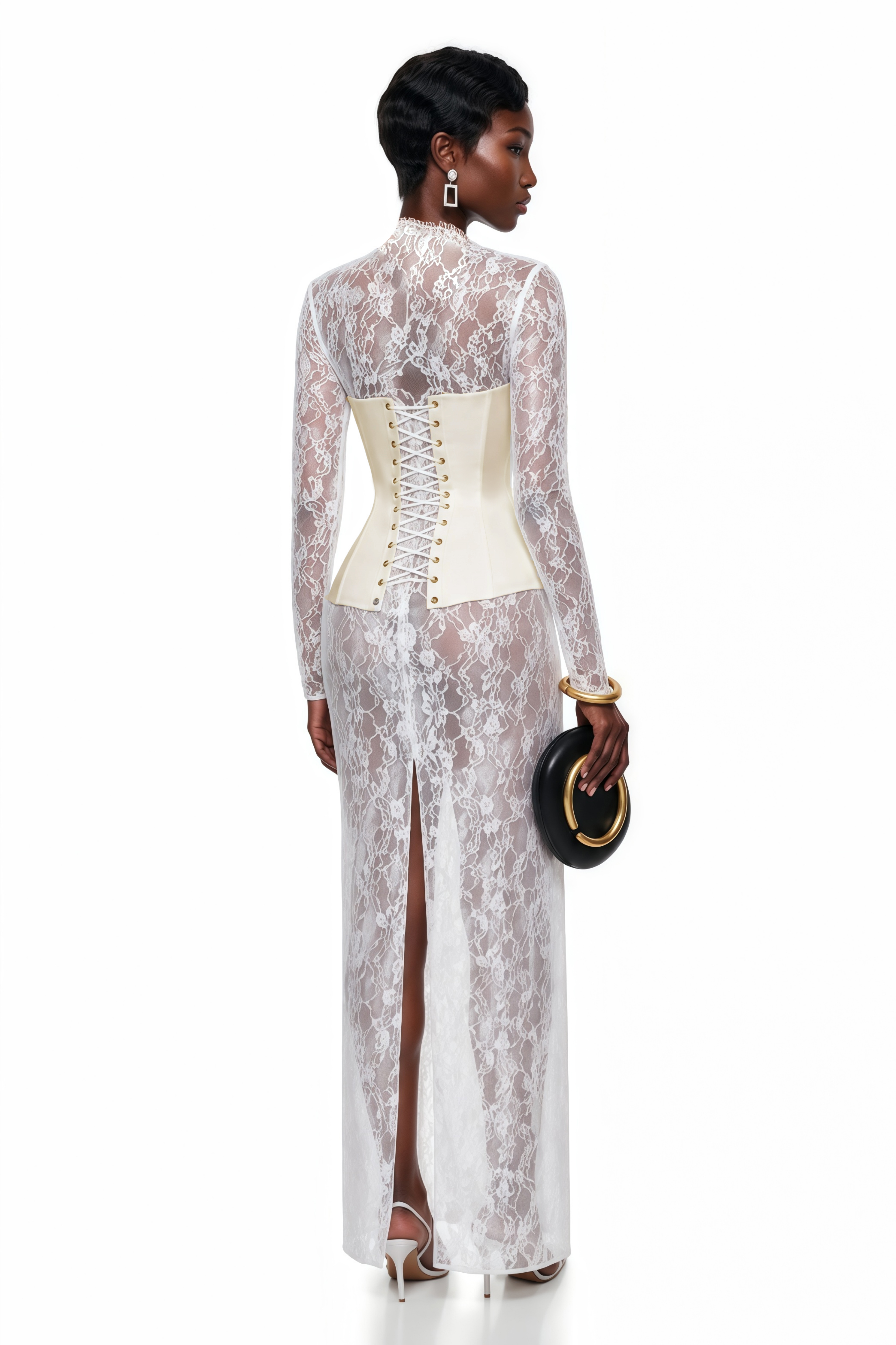 Renata White Ruched Top & Semi Sheer Lace Maxi Dress Set
