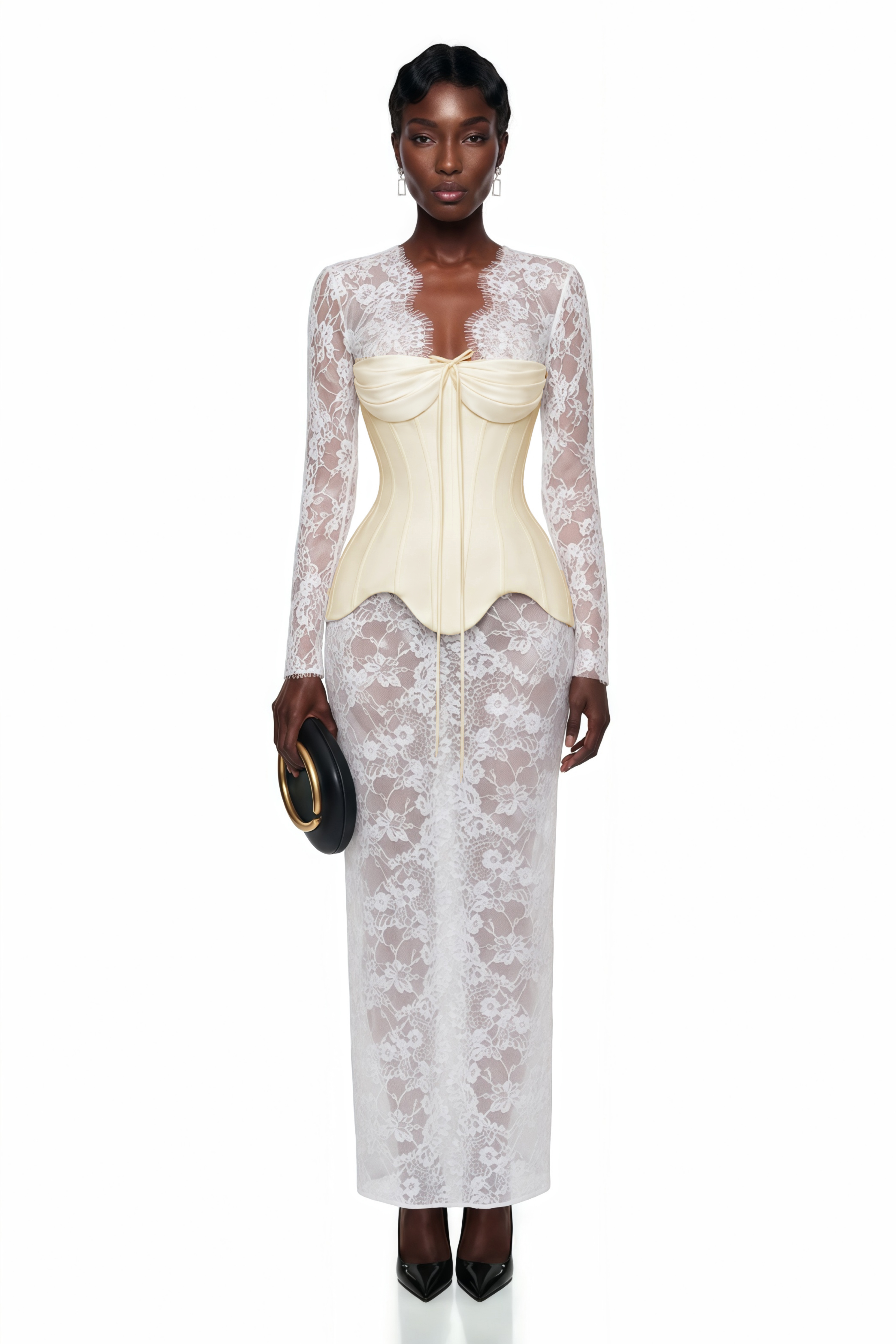 Renata White Ruched Top & Semi Sheer Lace Maxi Dress Set - XS / White Renata White Ruched Top & Semi Sheer Lace Maxi Dress Set - XS / White