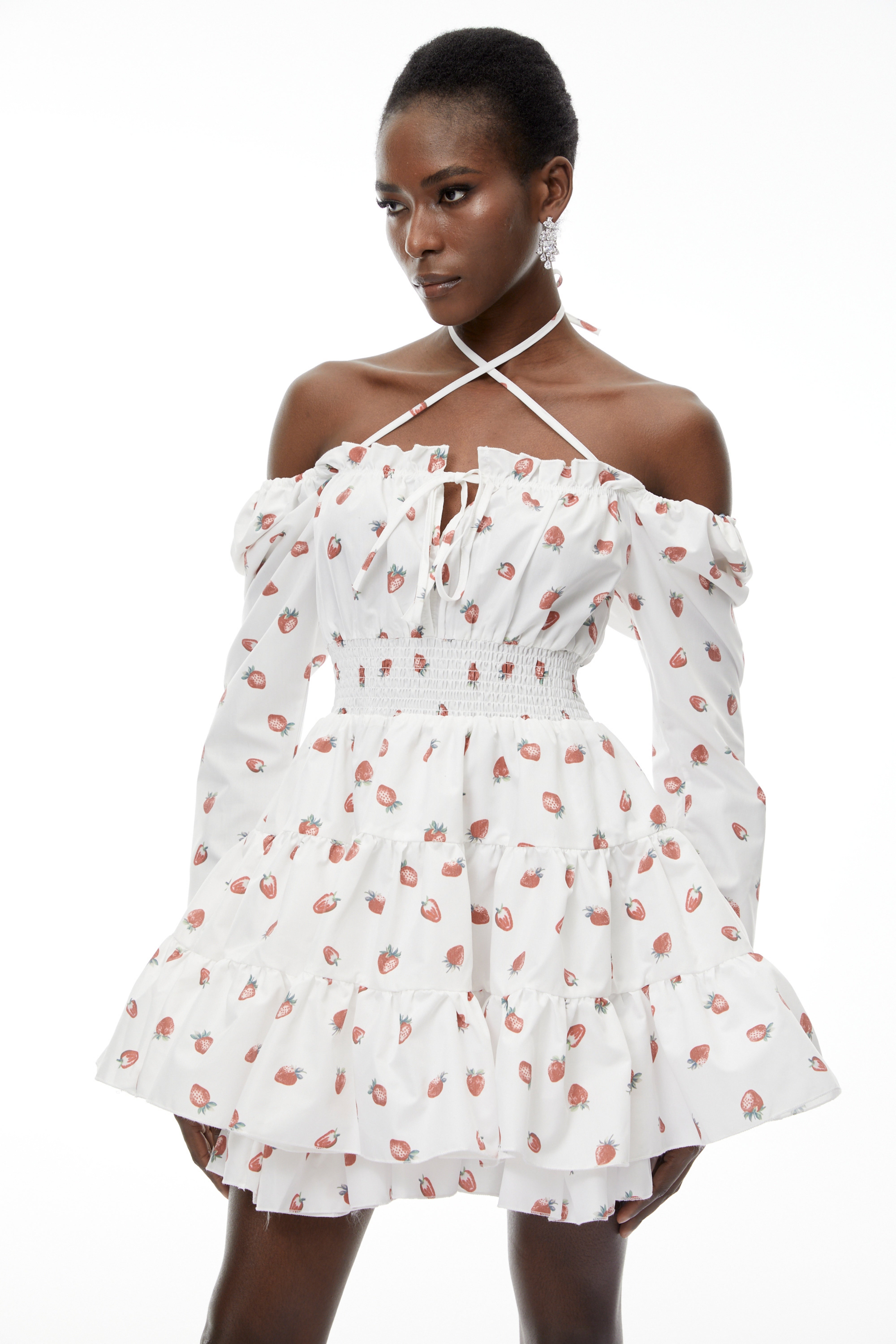 Renée White Strawberry Print Tiered Mini Dress