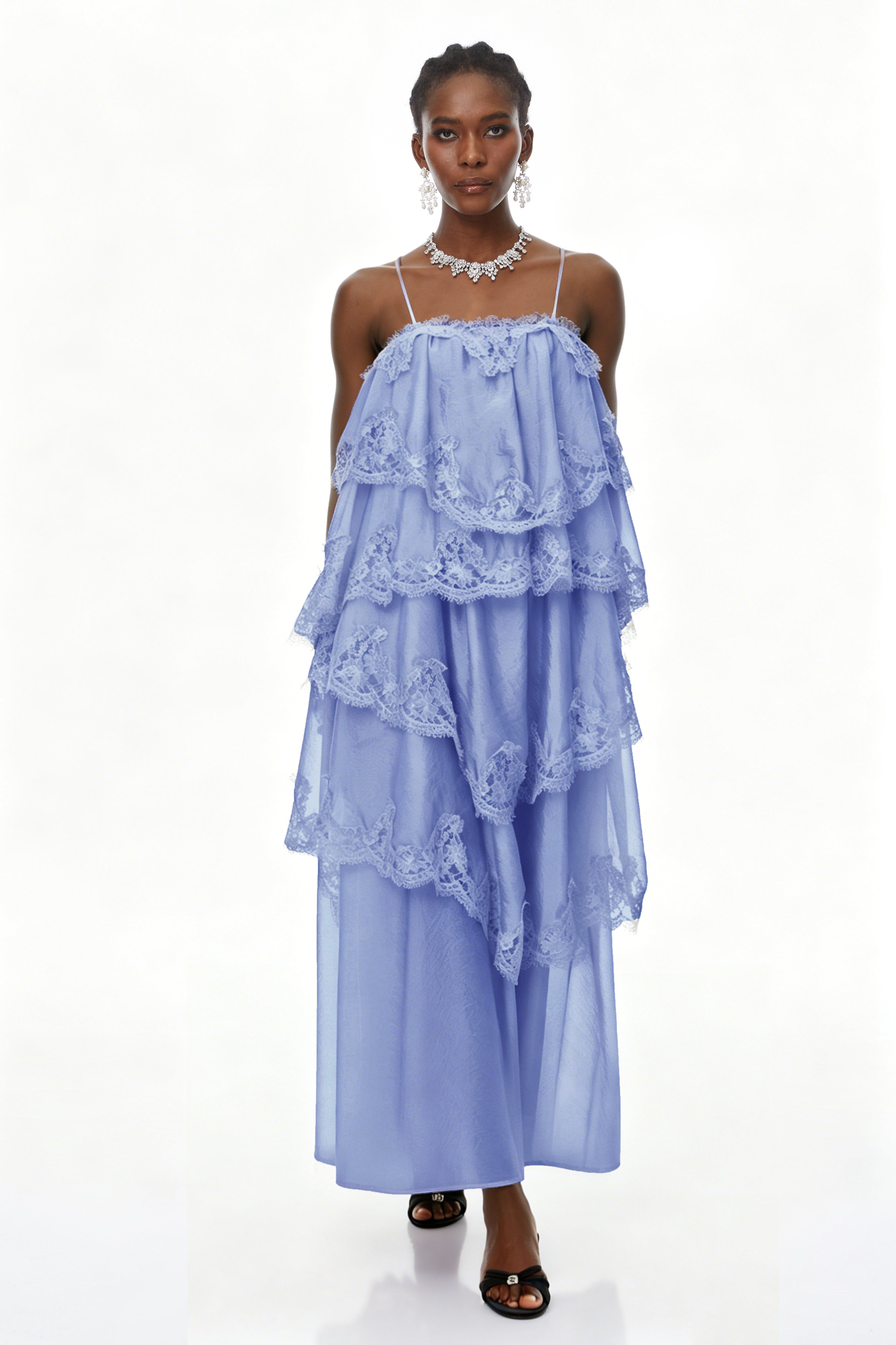Rhema Blue Tiered Maxi Dress with Lace Trim