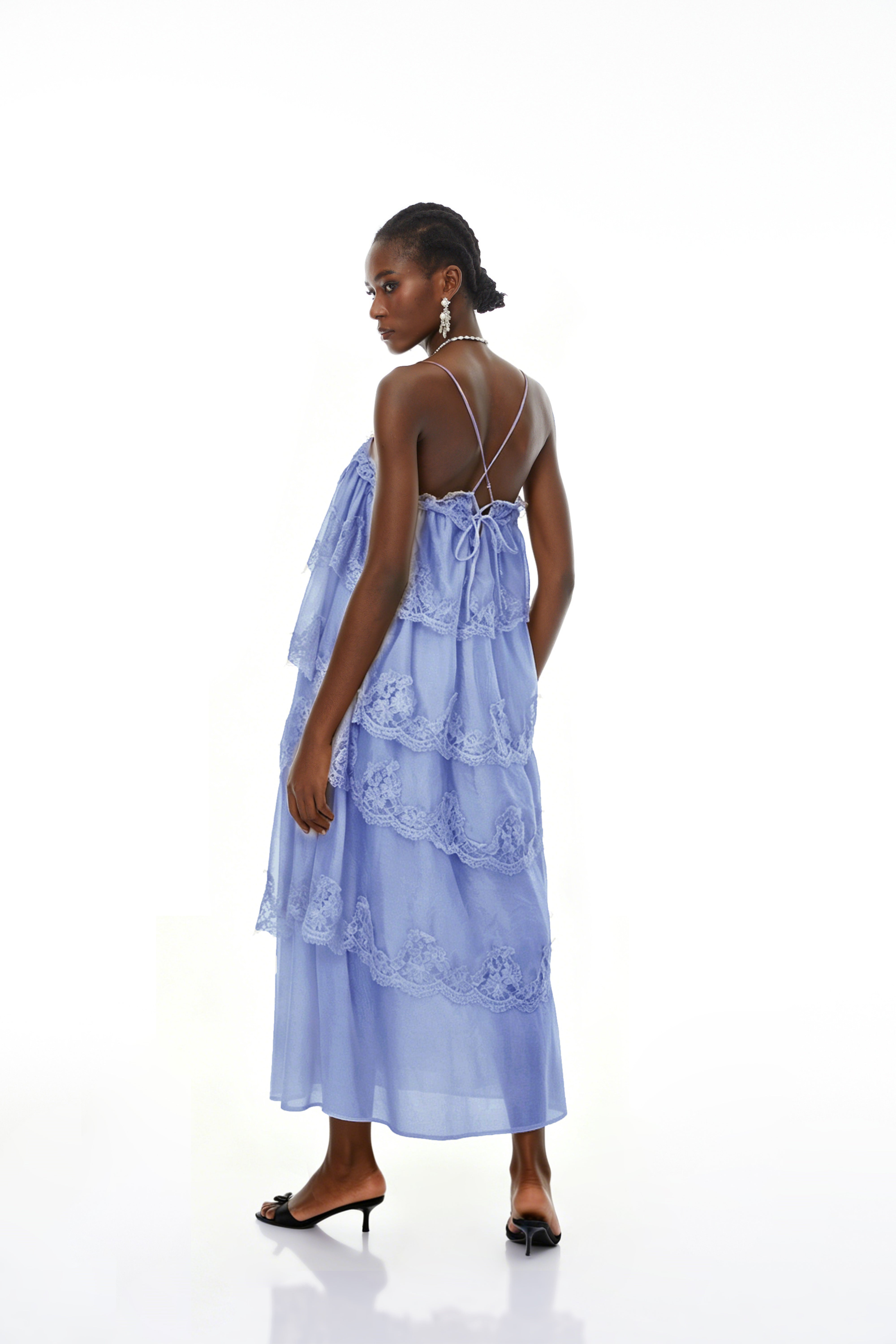 Rhema Blue Tiered Maxi Dress with Lace Trim