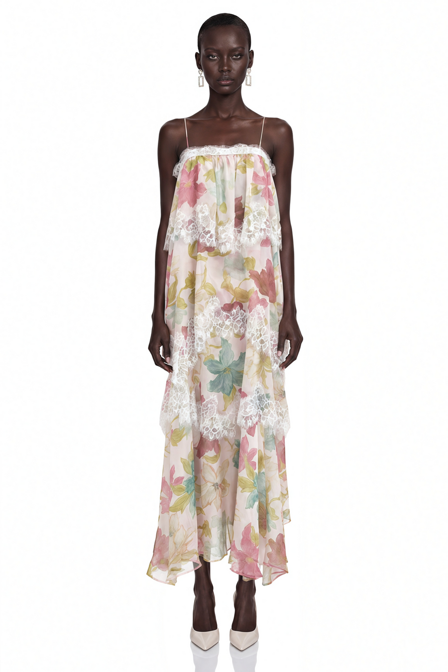 Rhema Pink Floral Tiered Maxi Dress with Lace Trim