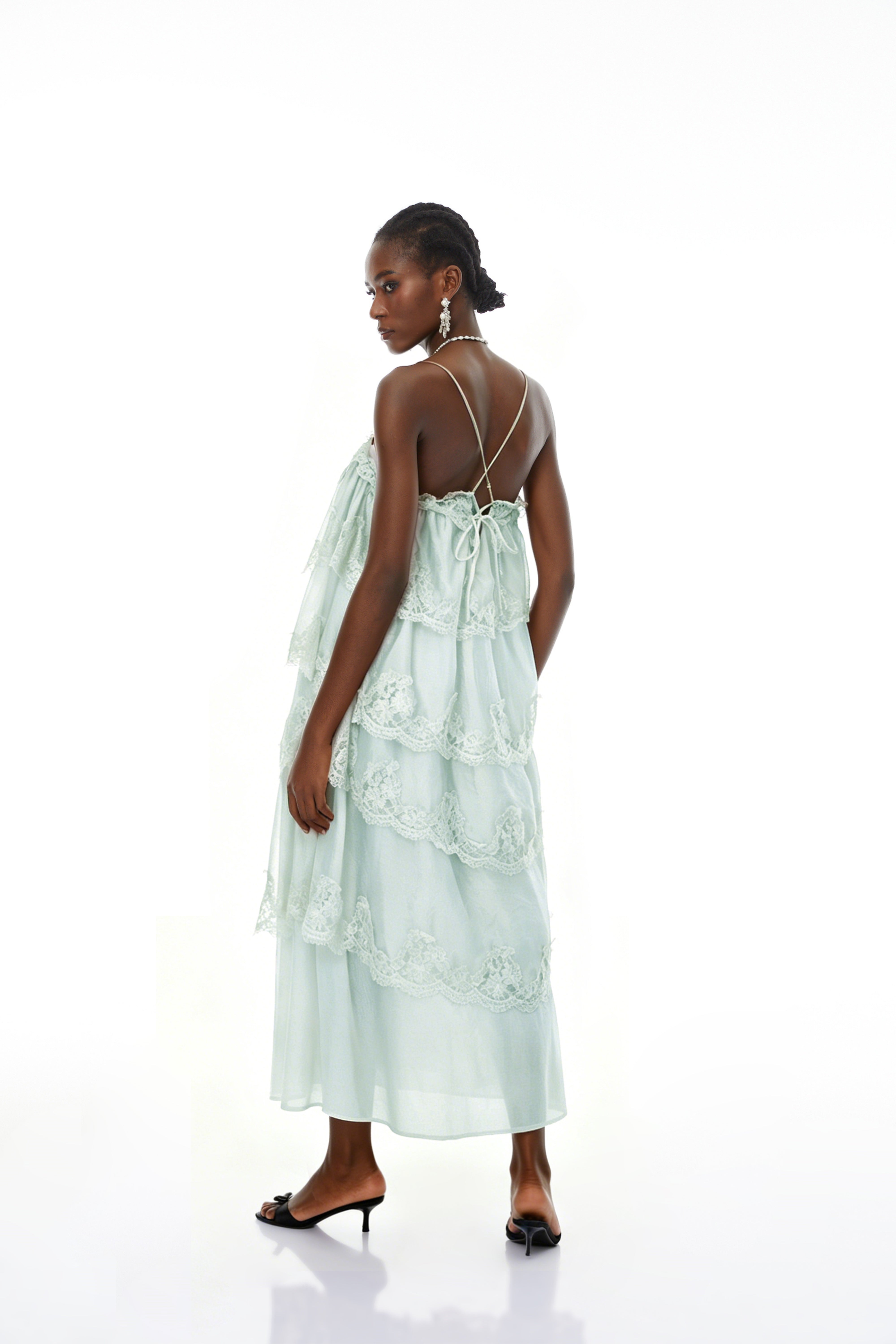 Rhema Mint Green Tiered Maxi Dress with Lace Trim
