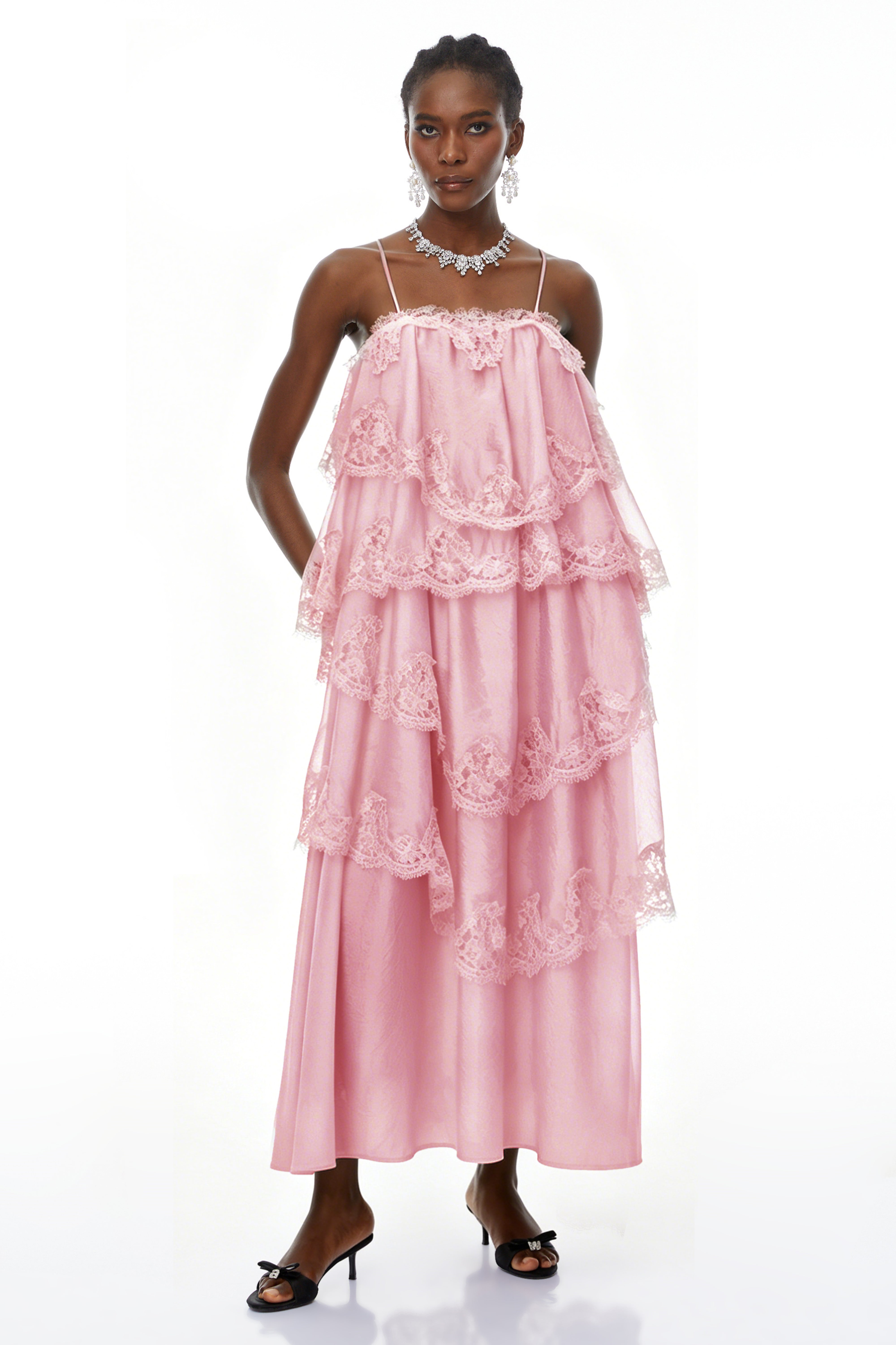 Rhema Pink Tiered Maxi Dress with Lace Trim