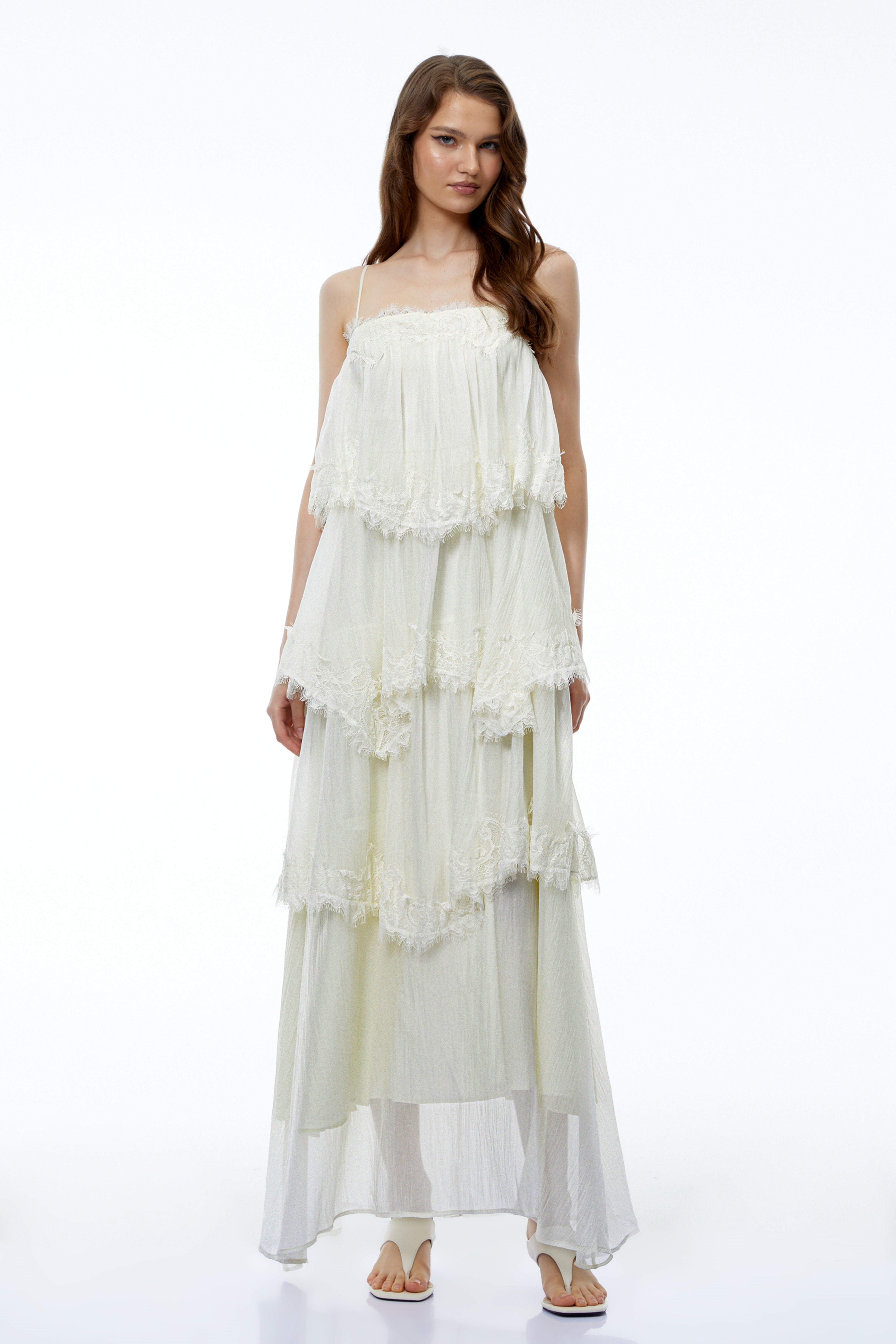 Rhema White Tiered Maxi Dress with Lace Trim