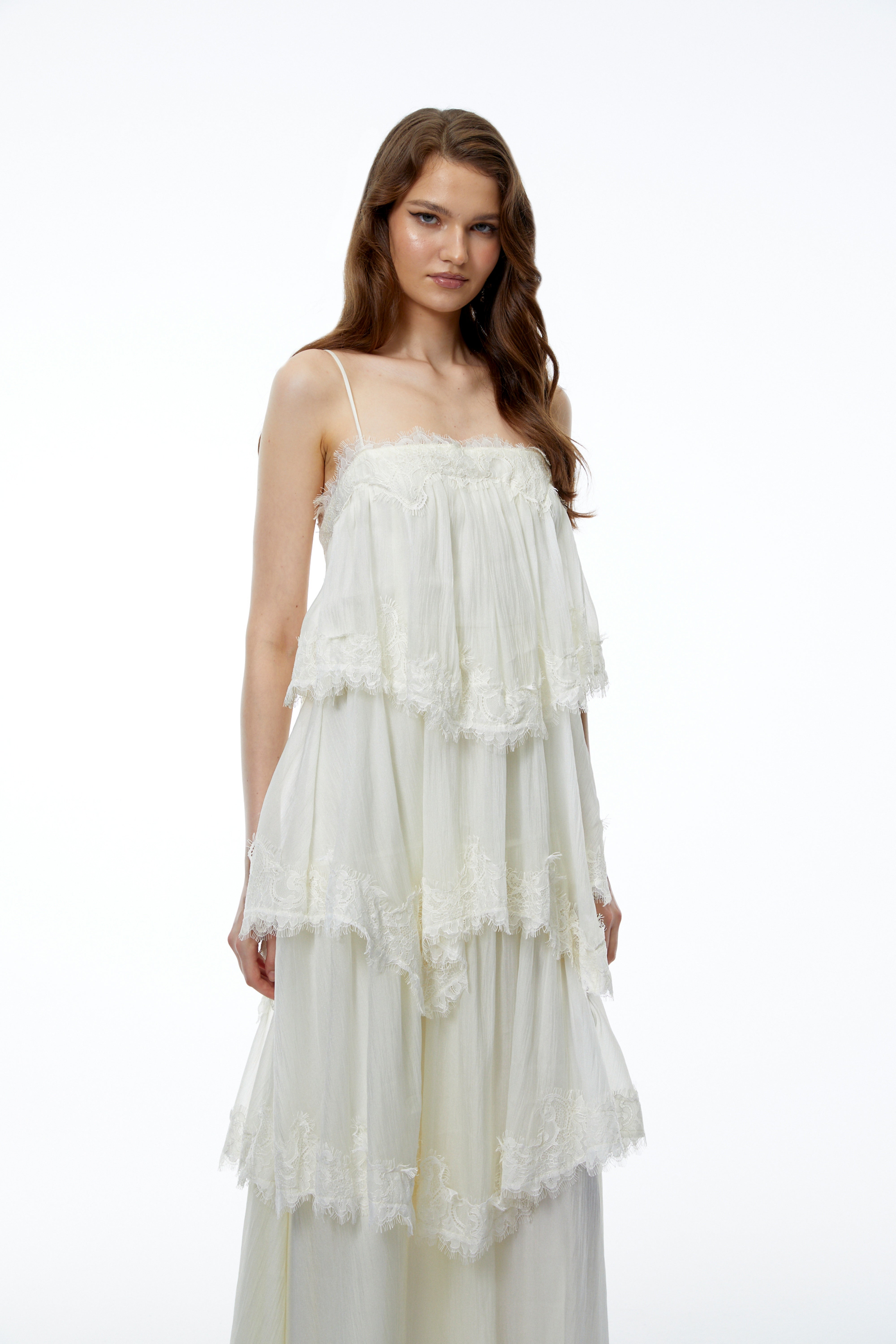Rhema White Tiered Maxi Dress with Lace Trim