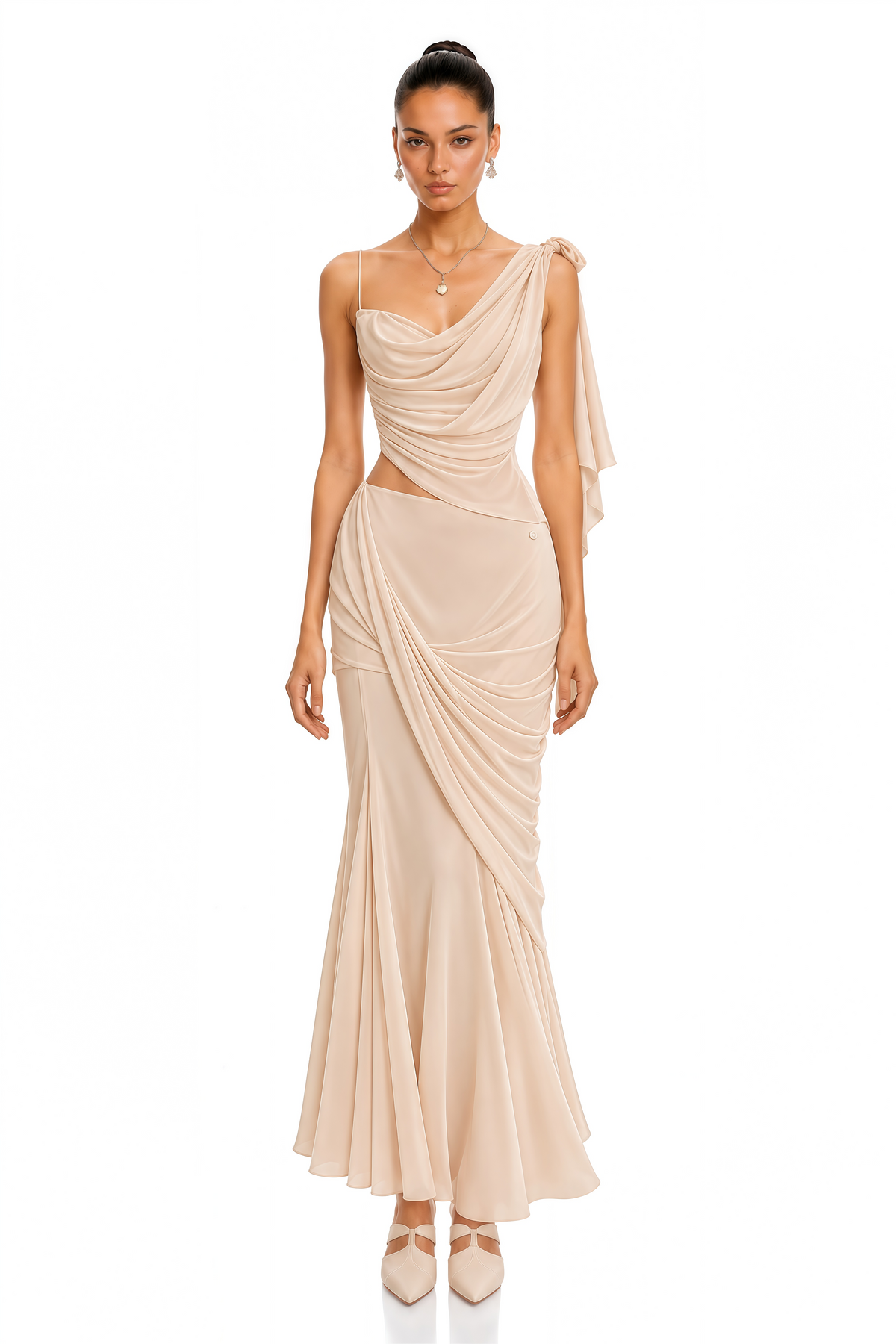 rhona neutral asymmetrical ruched top & maxi skirt set