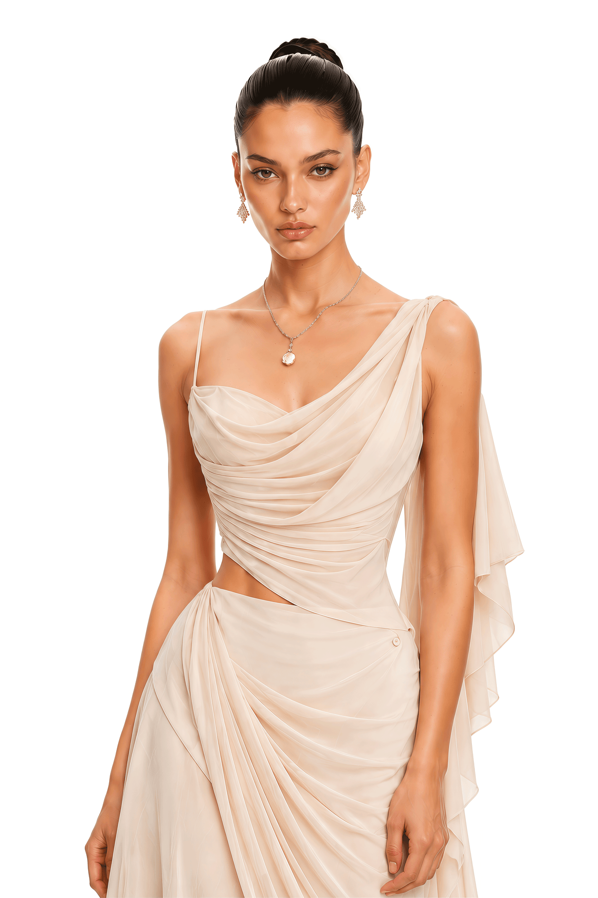 rhona neutral asymmetrical ruched top & maxi skirt set