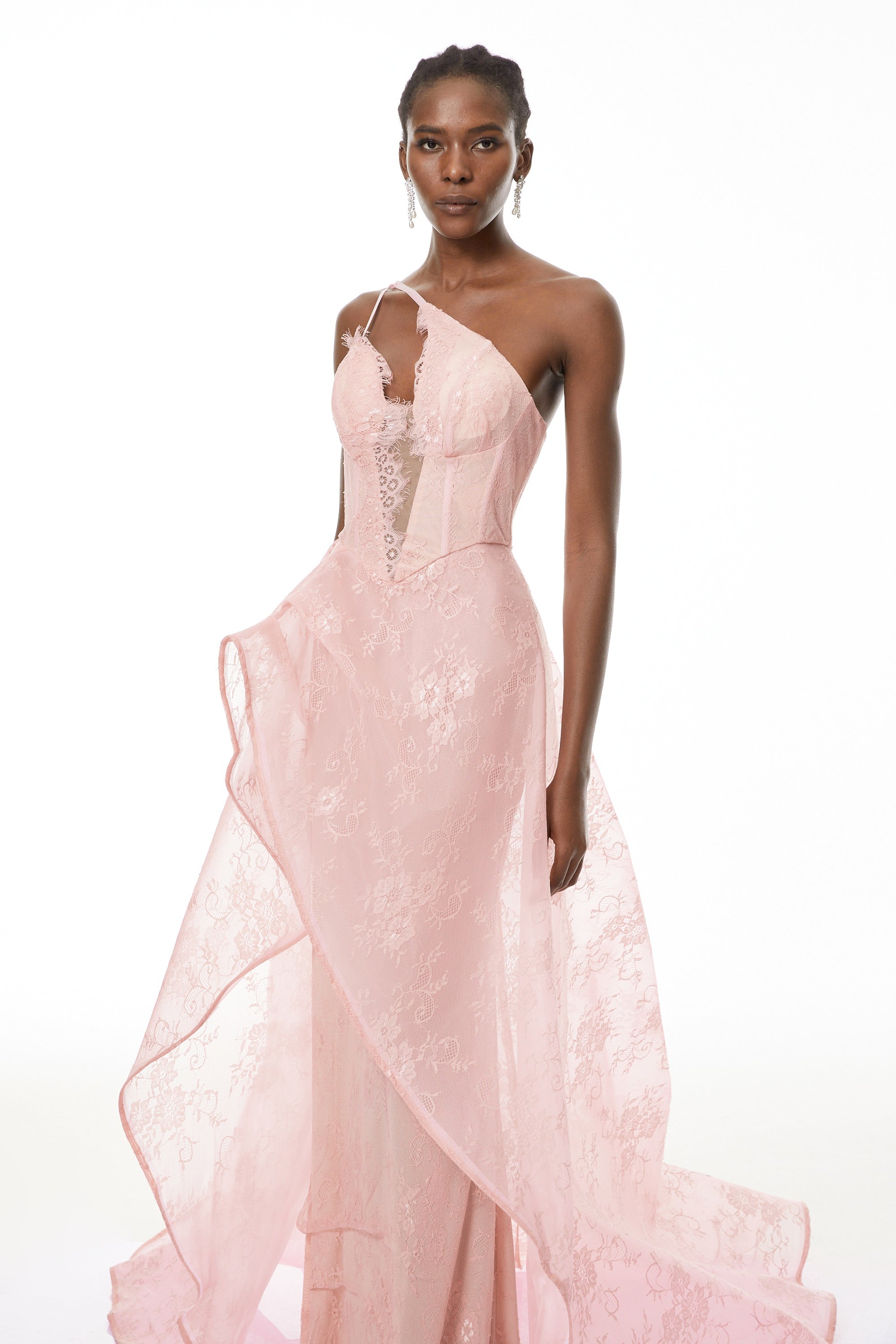 Ricarda Pink One Shoulder Lace Maxi Dress