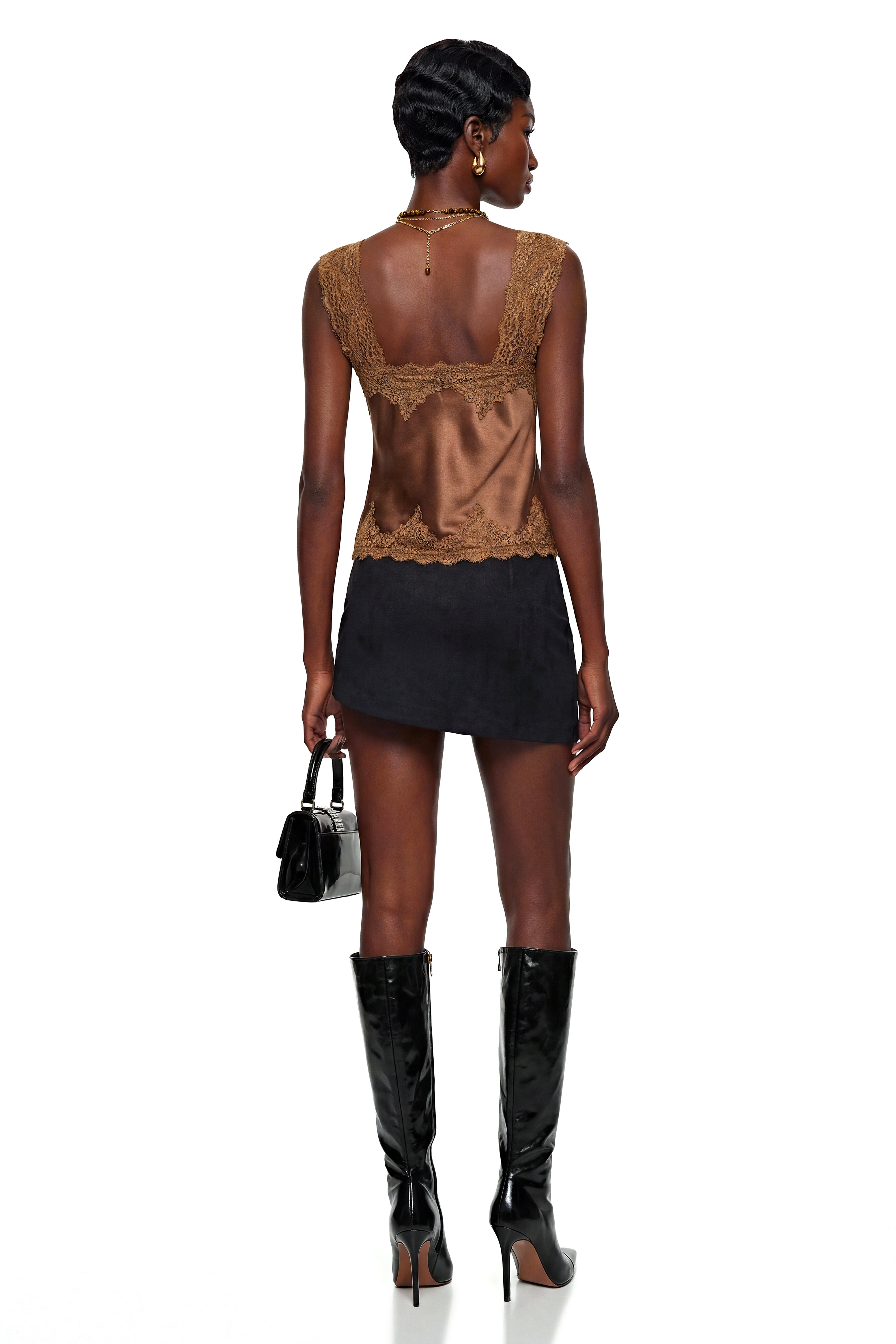 Rina Chocolate Brown Satin Top with Lace Panels