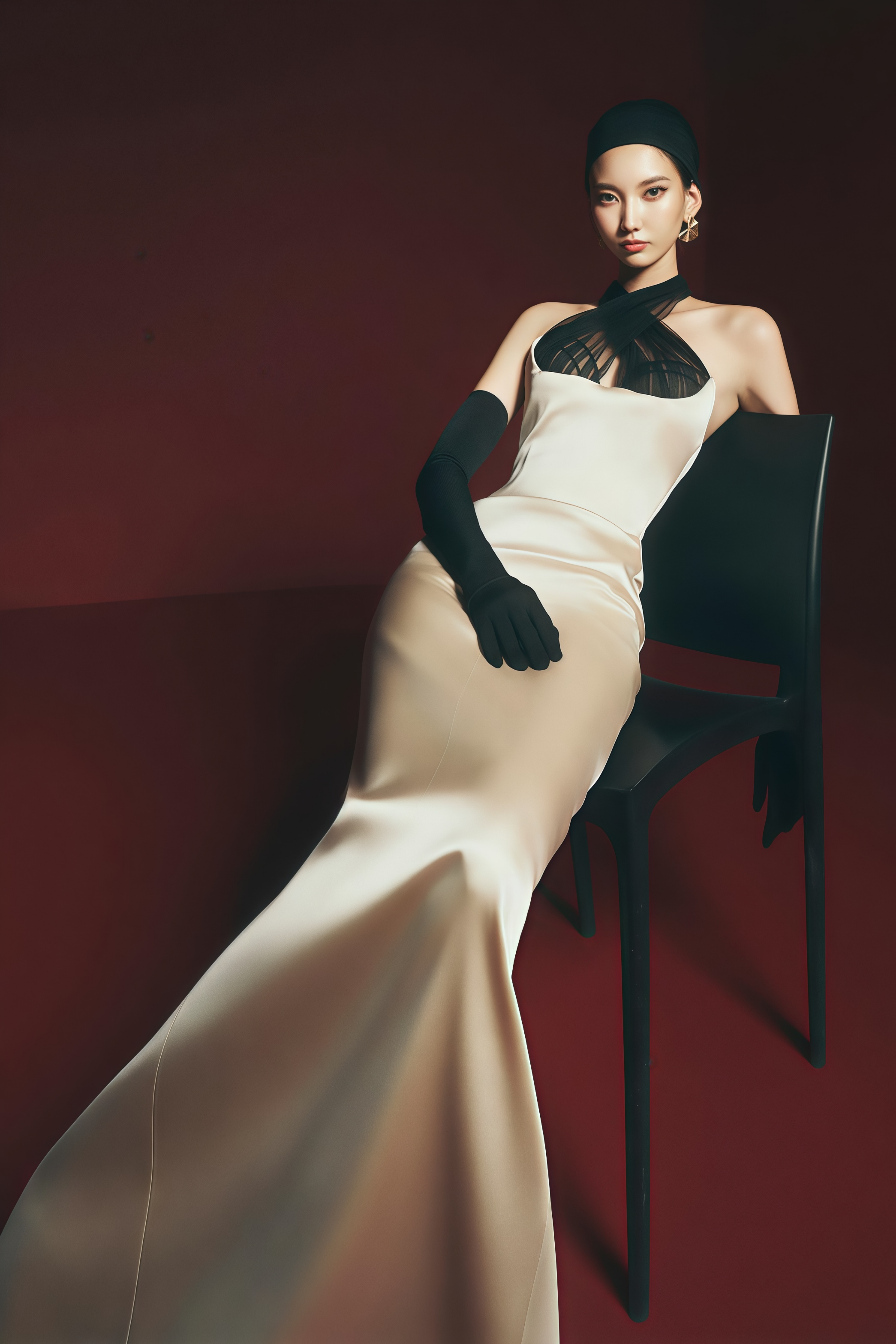 Ronit Champagne Satin Maxi Dress with Tulle Panels