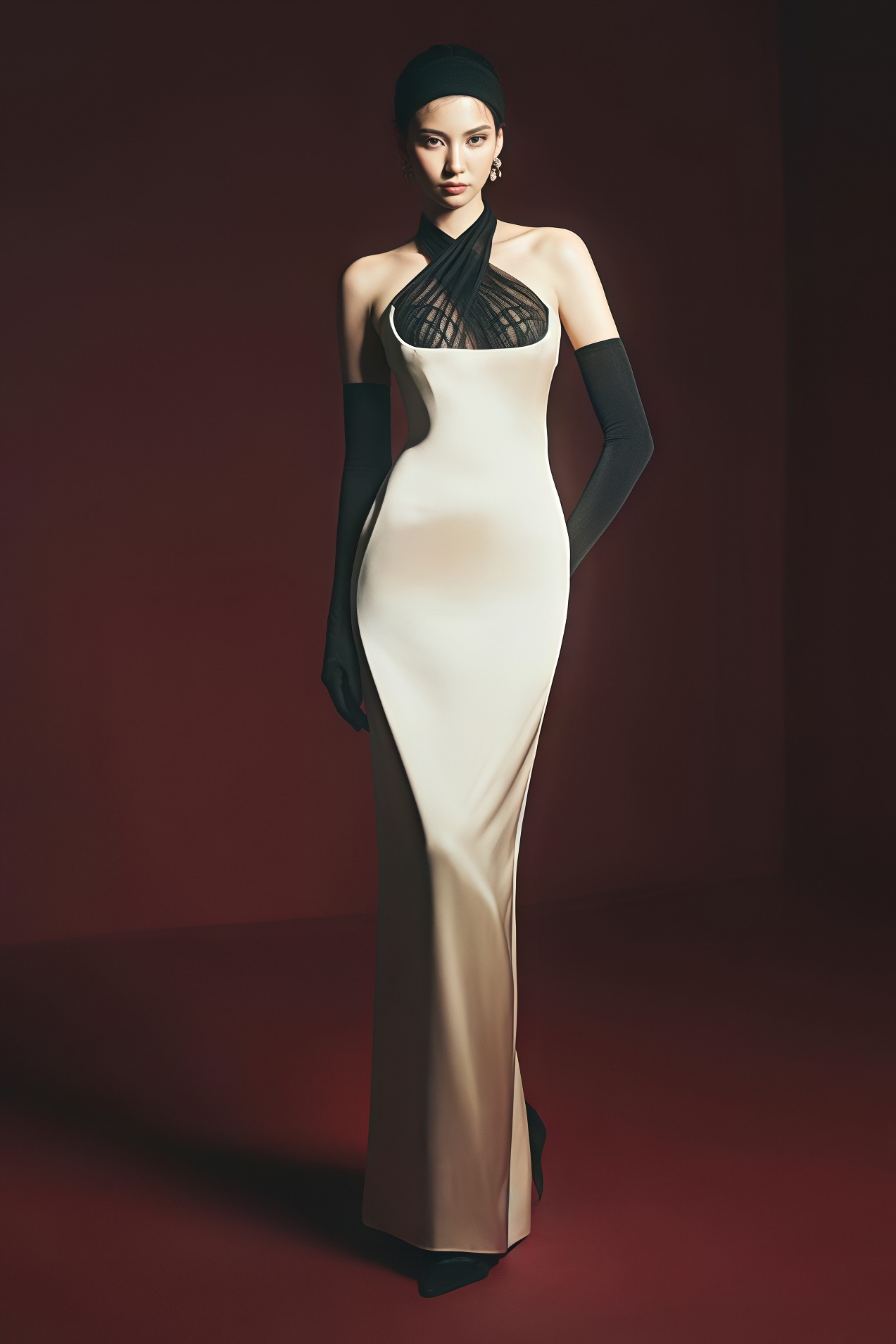 Ronit Champagne Satin Maxi Dress with Tulle Panels