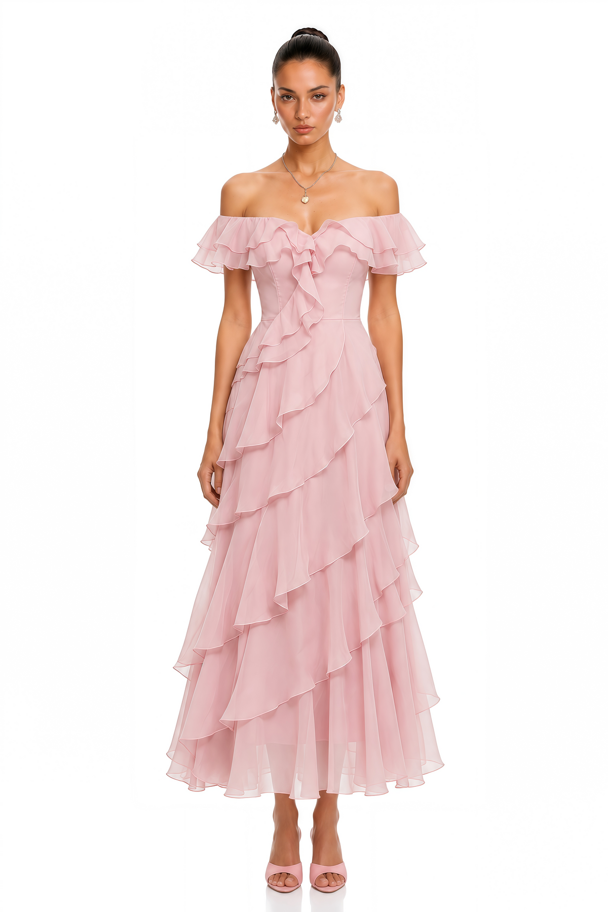rosalie pink off shoulder tiered ruffle maxi dress