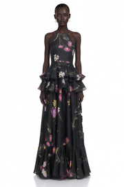 Rosalie Black Floral Print Halterneck Tiered Maxi Dress