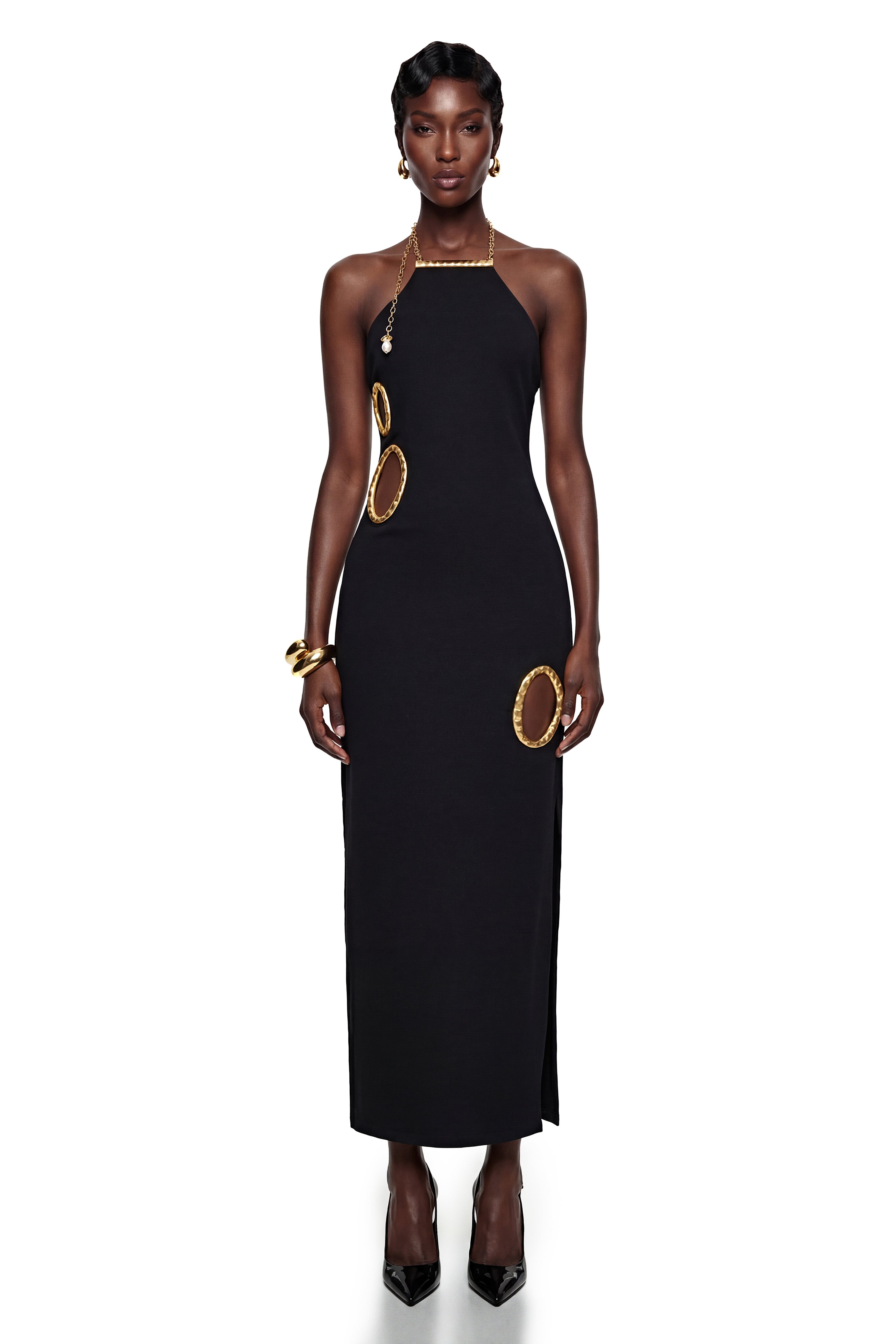 Rosalind Black Open Back Ebellished Maxi Dress
